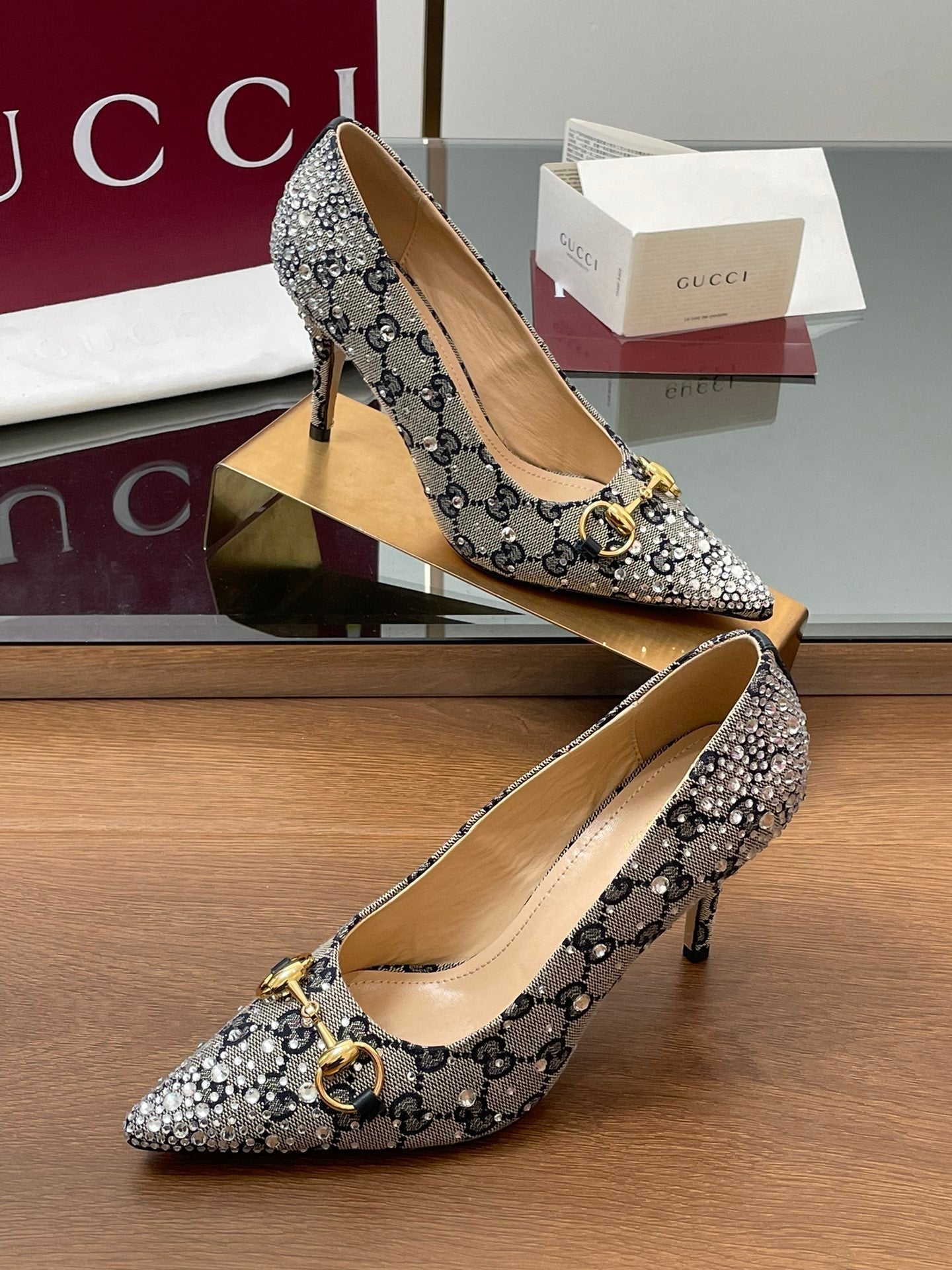 GG Horsebit Pump 85 Beige Black Monogram Canvas Crystal-Embellished