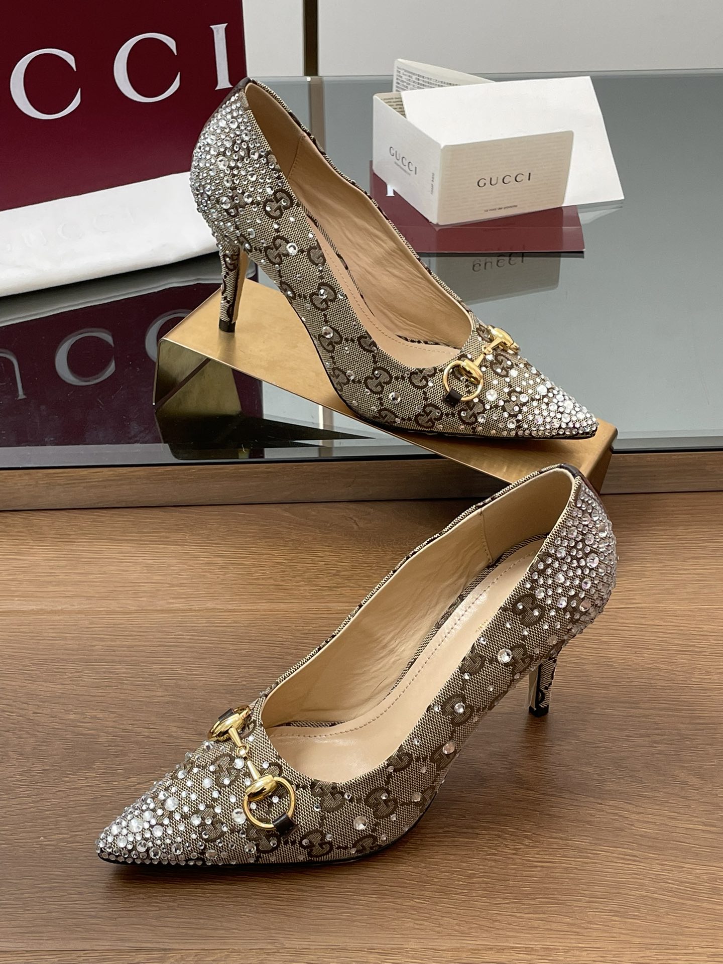 GG Horsebit Pump 85 Beige Ebony Monogram Canvas Crystal-Embellished