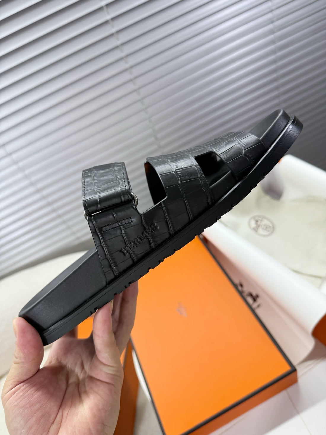 HM Chypre Sandal Black Crocodile Skin 205482