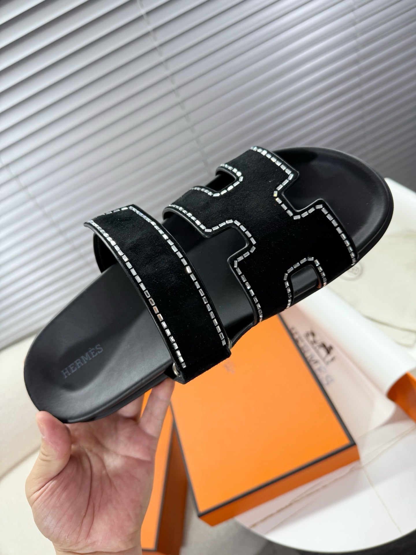 HM Chypre Sandal Black Suede and Crystals 205496