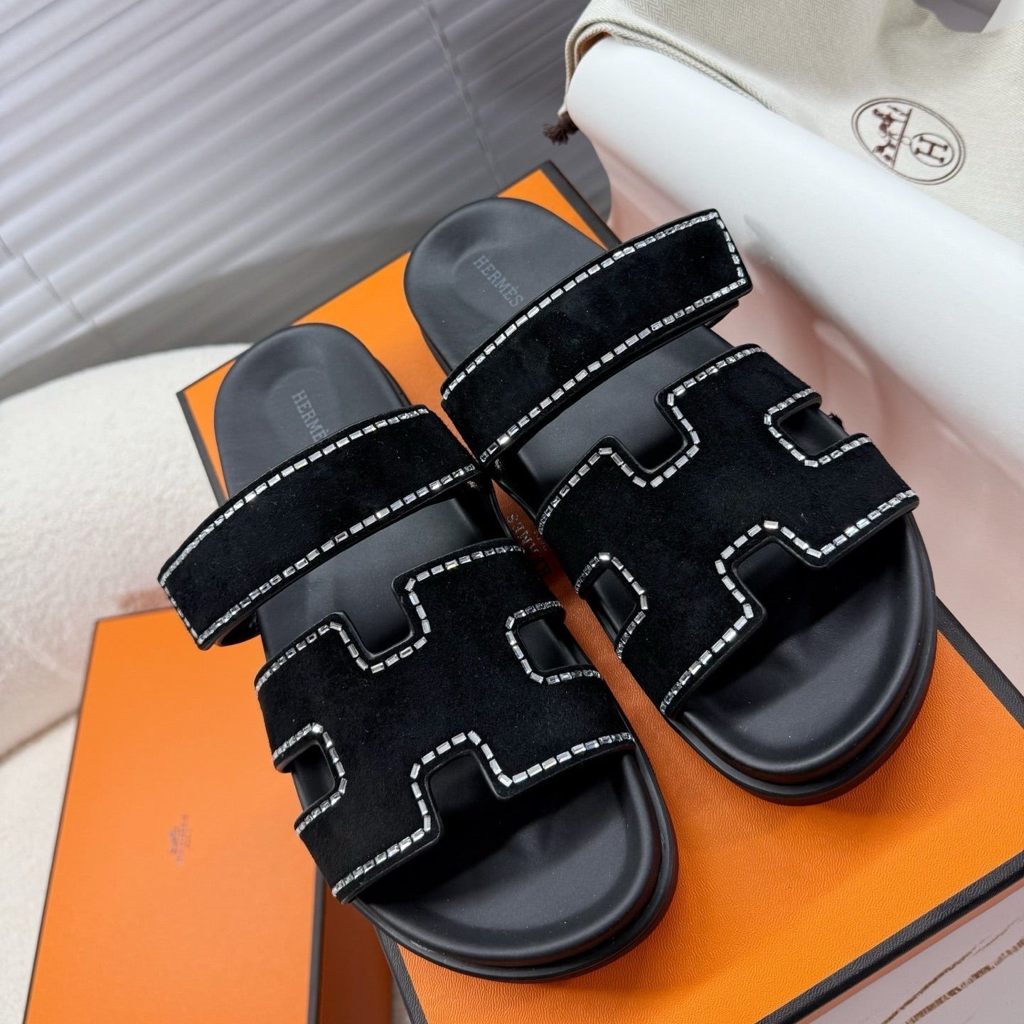 HM Chypre Sandal Black Suede and Crystals 205496