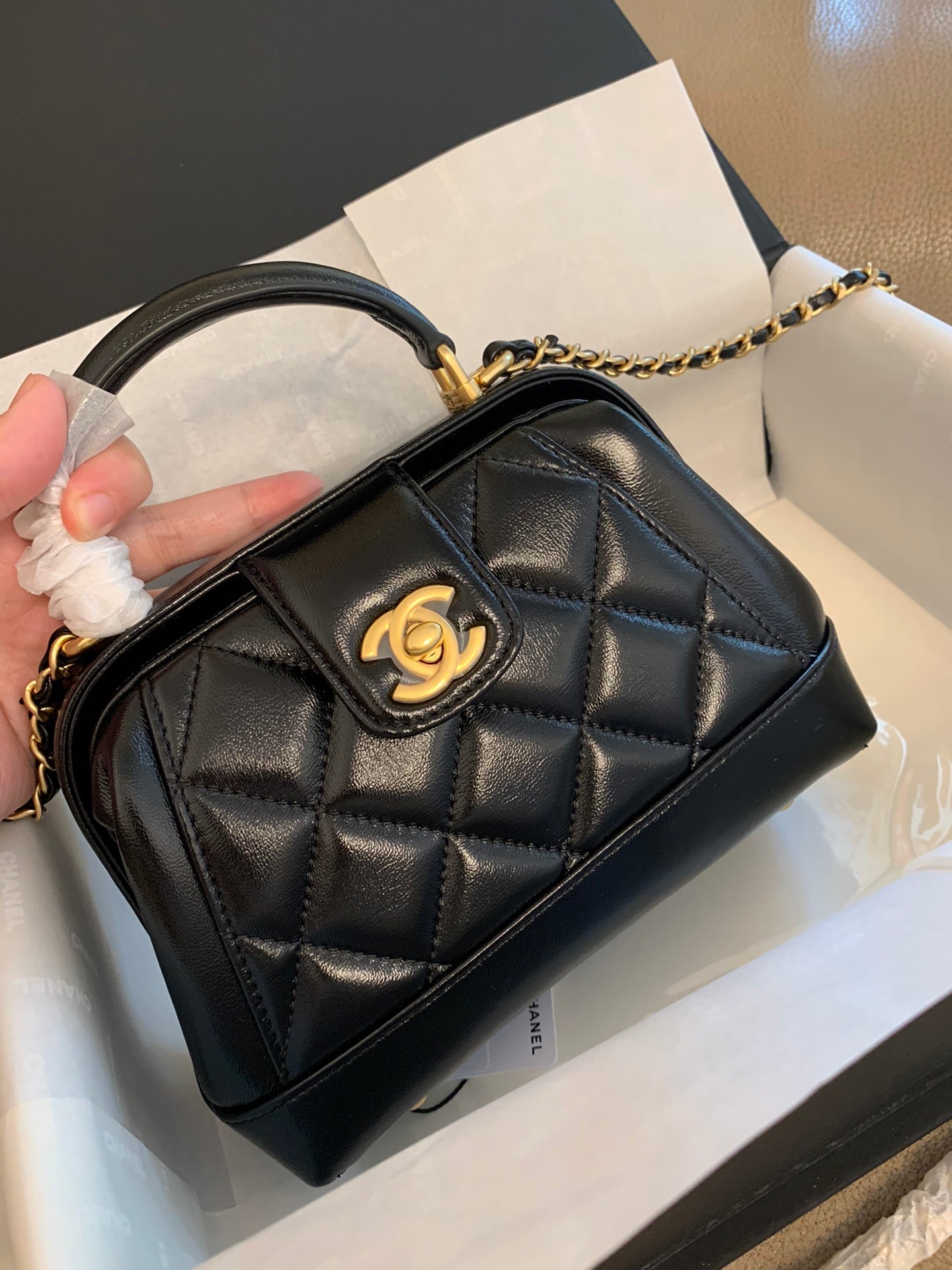 CC 24A 18cm Top Handle Mini Bag Black Lambskin