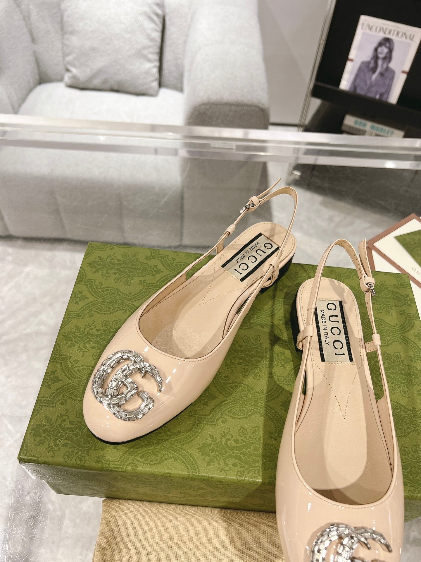 GG CRYSTALS SLINGBACK BALLET CREAM CALFSKIN