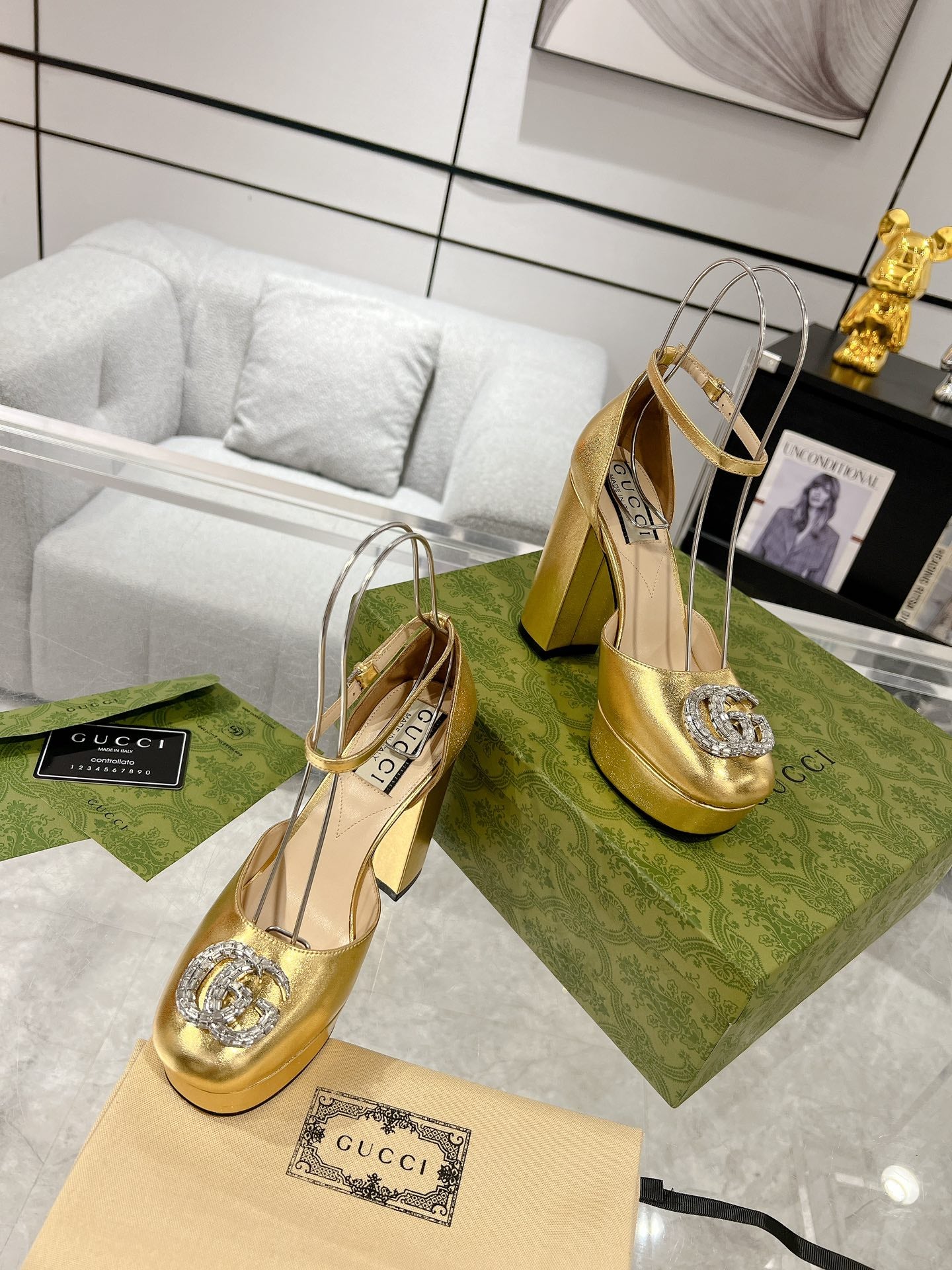 GG CRYSTALS PLATFORM PUMPS METALLIC GOLD CALFSKIN