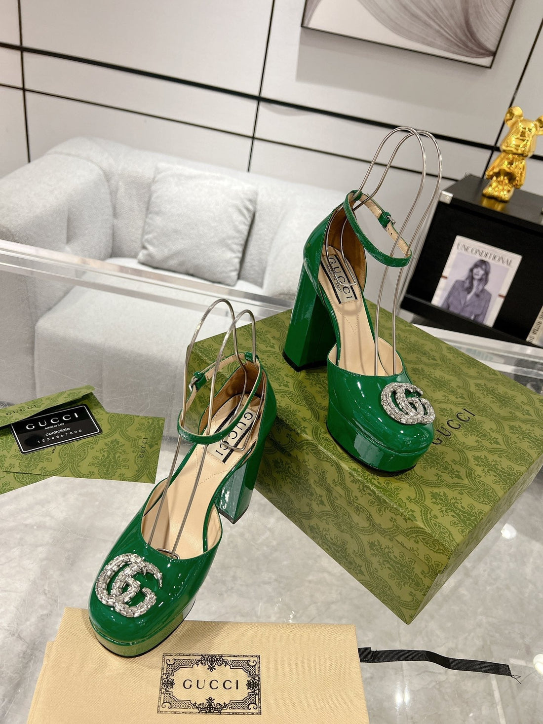 GG CRYSTALS PLATFORM PUMPS JADE GREEN CALFSKIN