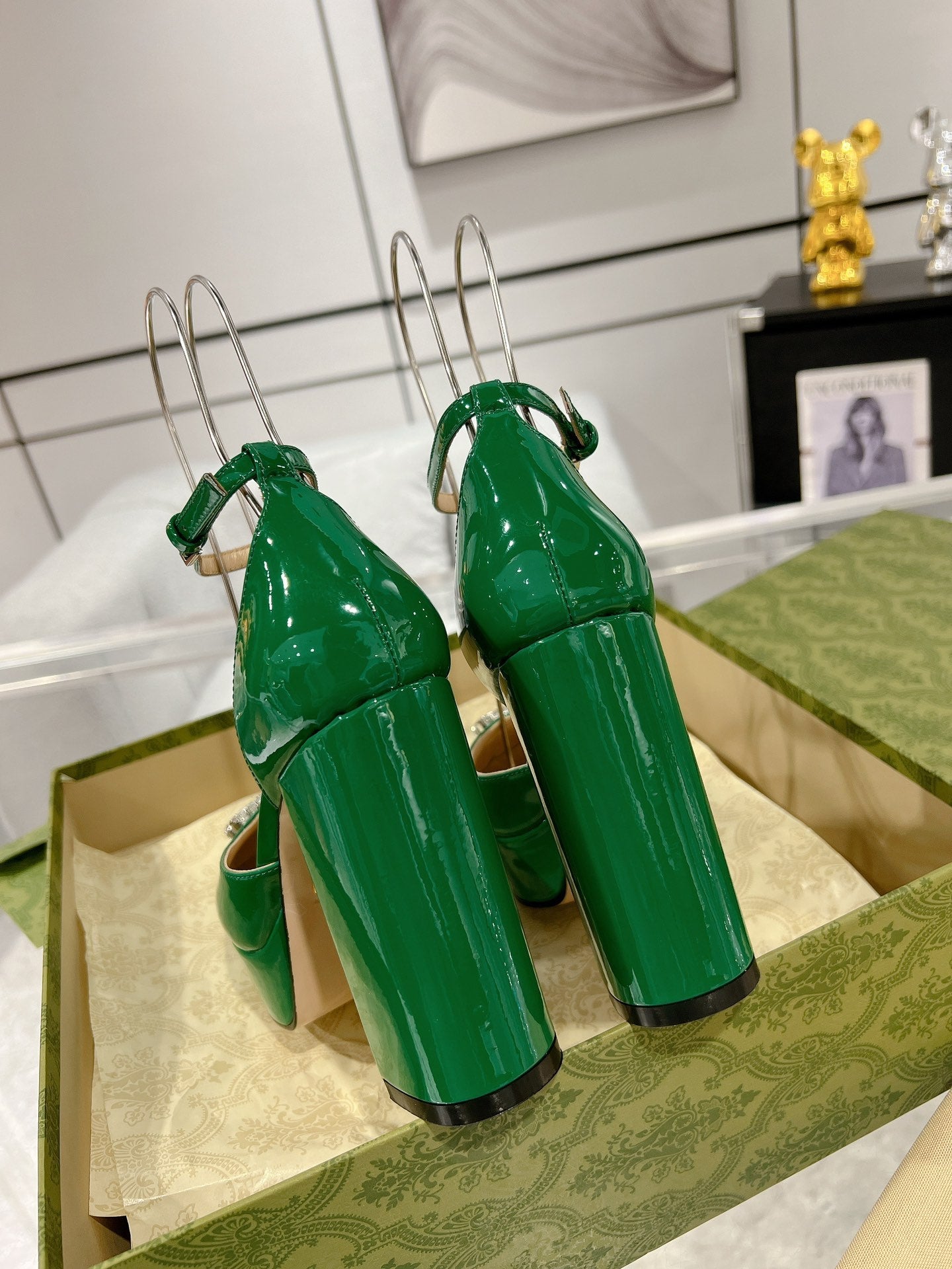 HIGH SANDAL SQUARE HEEL 12 CM IN DARK GREEN CALFSKIN