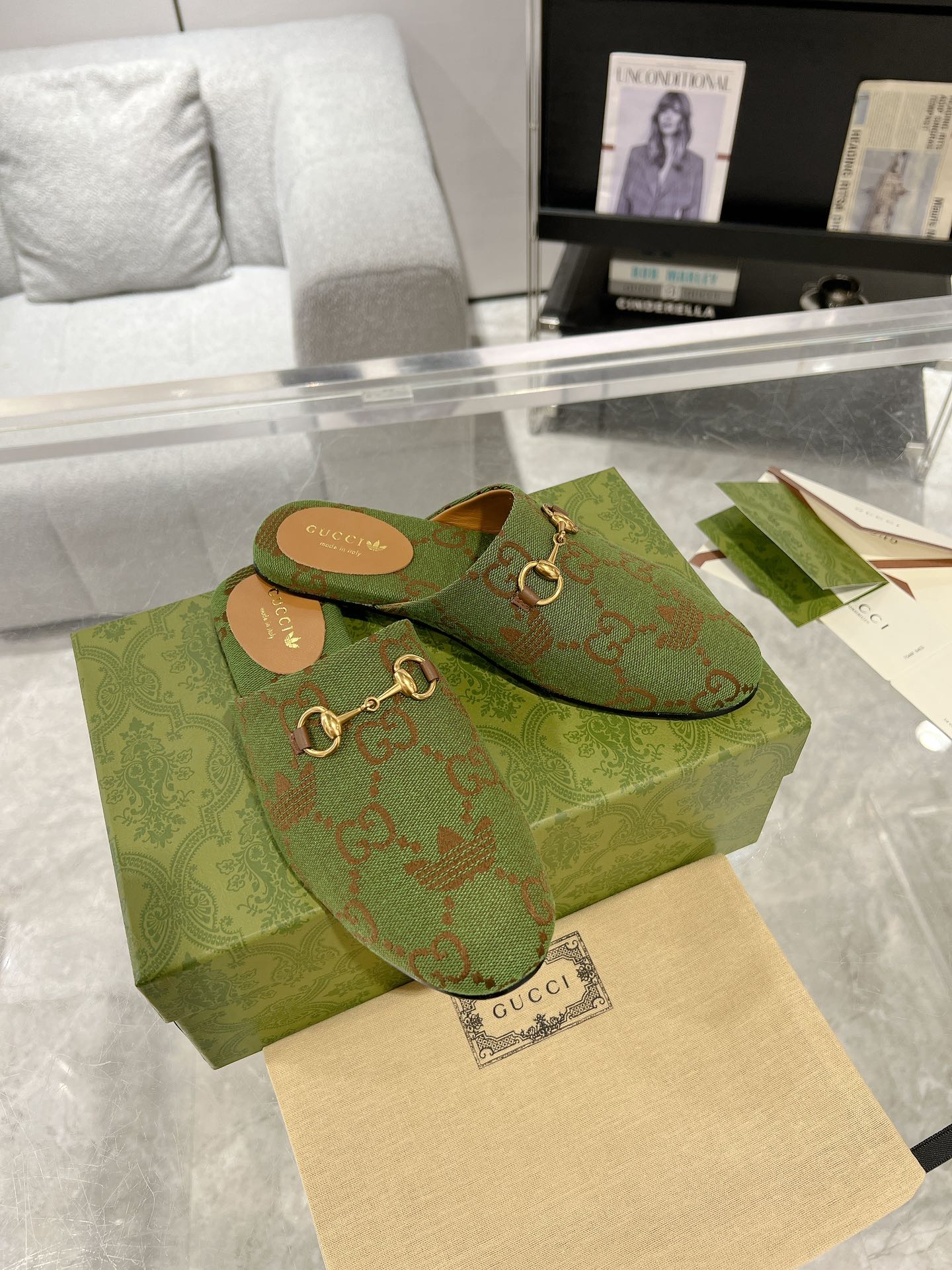 GG & ADIDAS MULE HORSEBIT BUCKLE OLIVE CANVAS