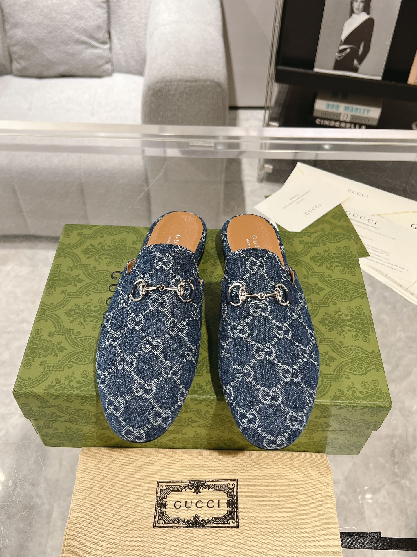 MEN'S MULE WITH HORSEBIT IN DENIM BLUE MONOGRAM JACQUARD FABRIC