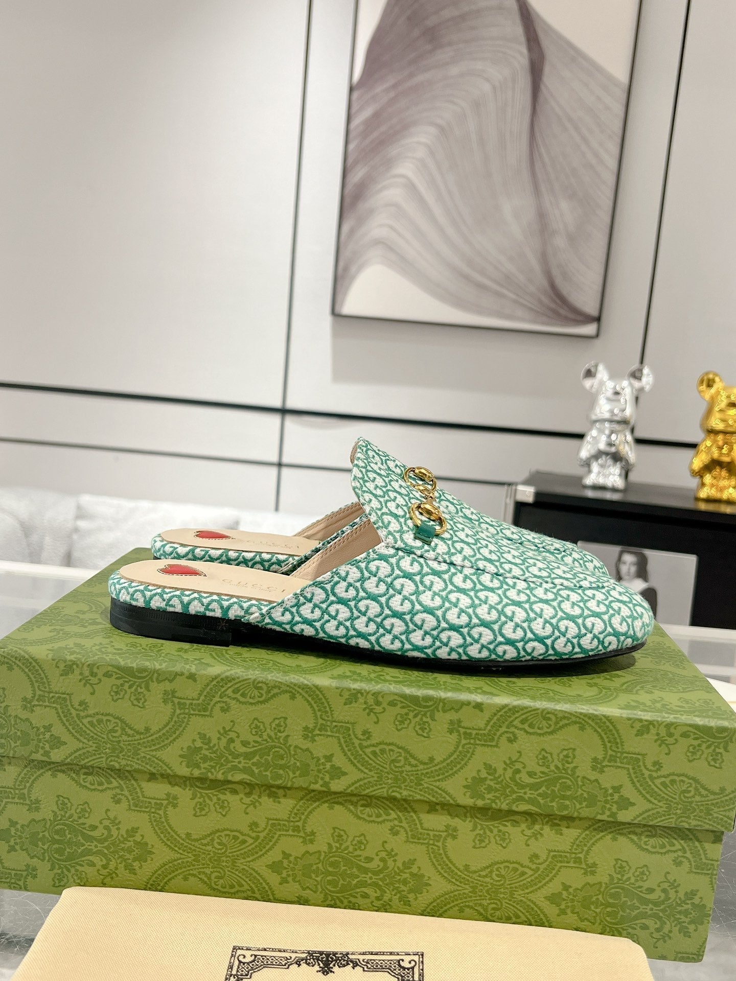 MEN'S MULE WITH HORSEBIT IN MINT GREEN MONOGRAM JACQUARD FABRIC