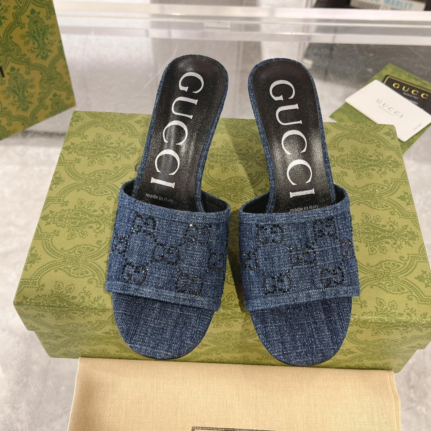GG CRYSTALS HIGH SANDAL DENIM CANVAS