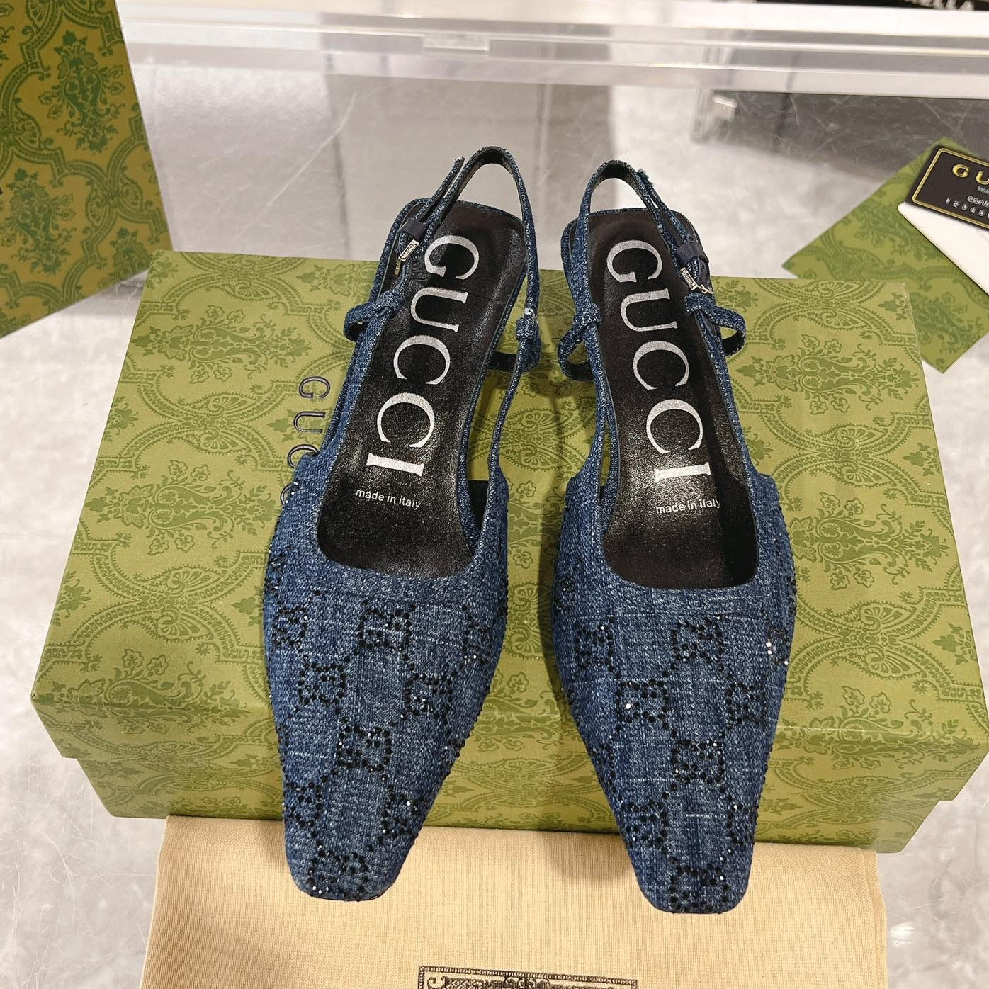 GG CRYSTALS SLINGBACK PUMP DENIM FABRIC