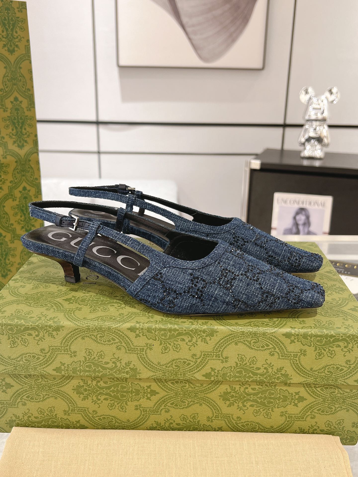 GG CRYSTALS SLINGBACK PUMP DENIM FABRIC