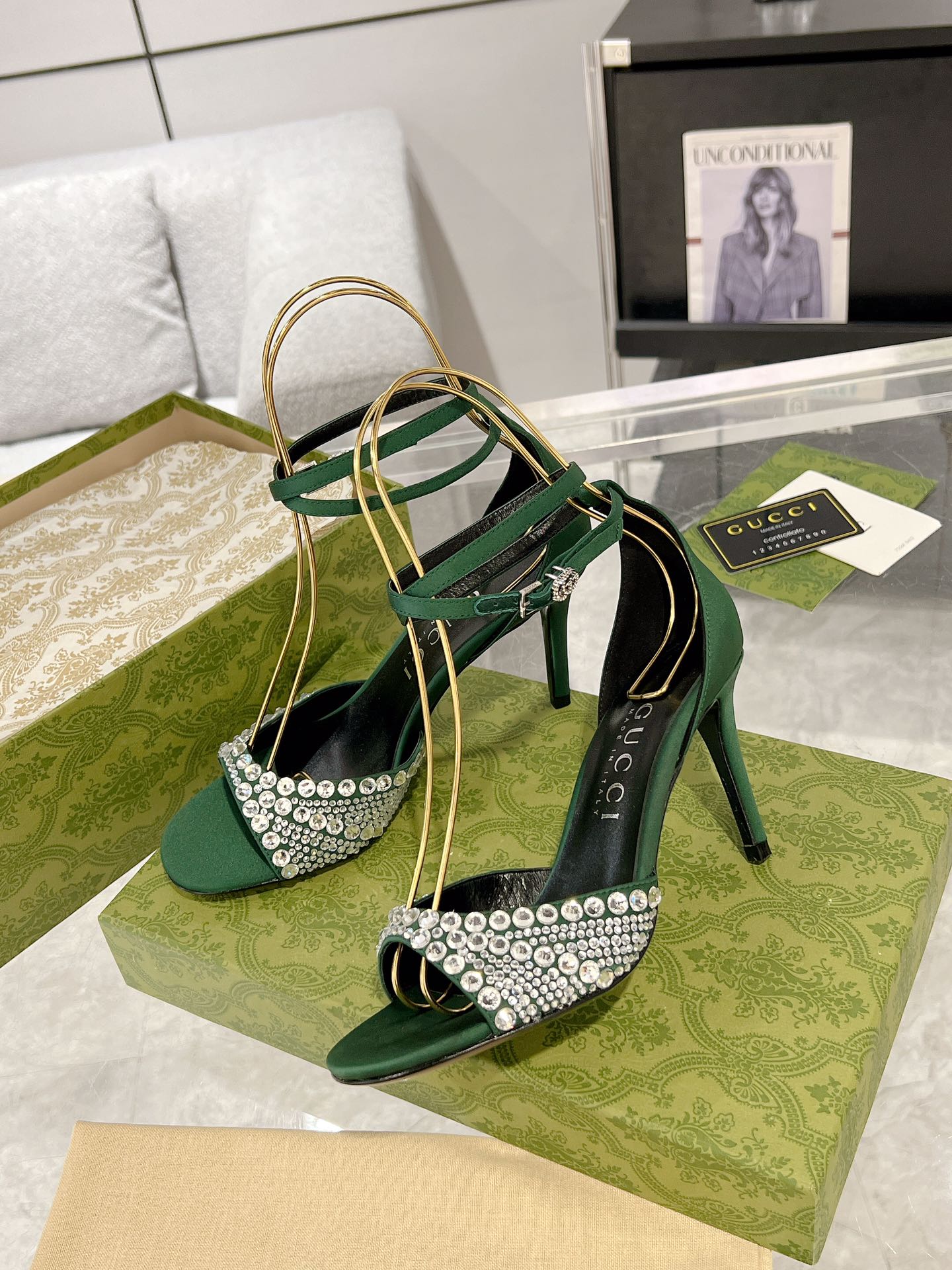GG CRYSTAL ASTLETON GREEN HIGH HEEL SANDALS SATIN