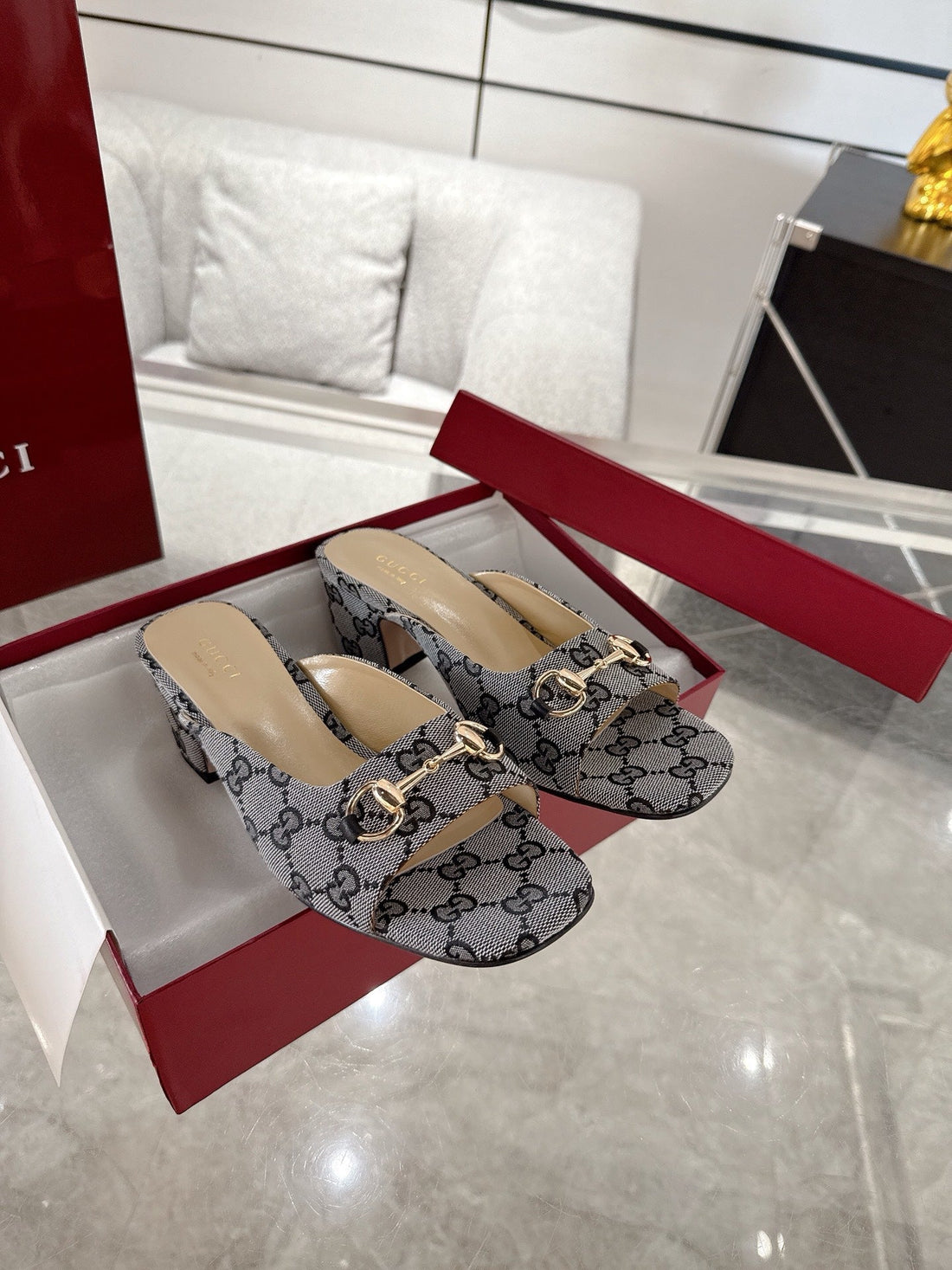 GC Horsebit Slide Gray Canvas Cowhide 292405