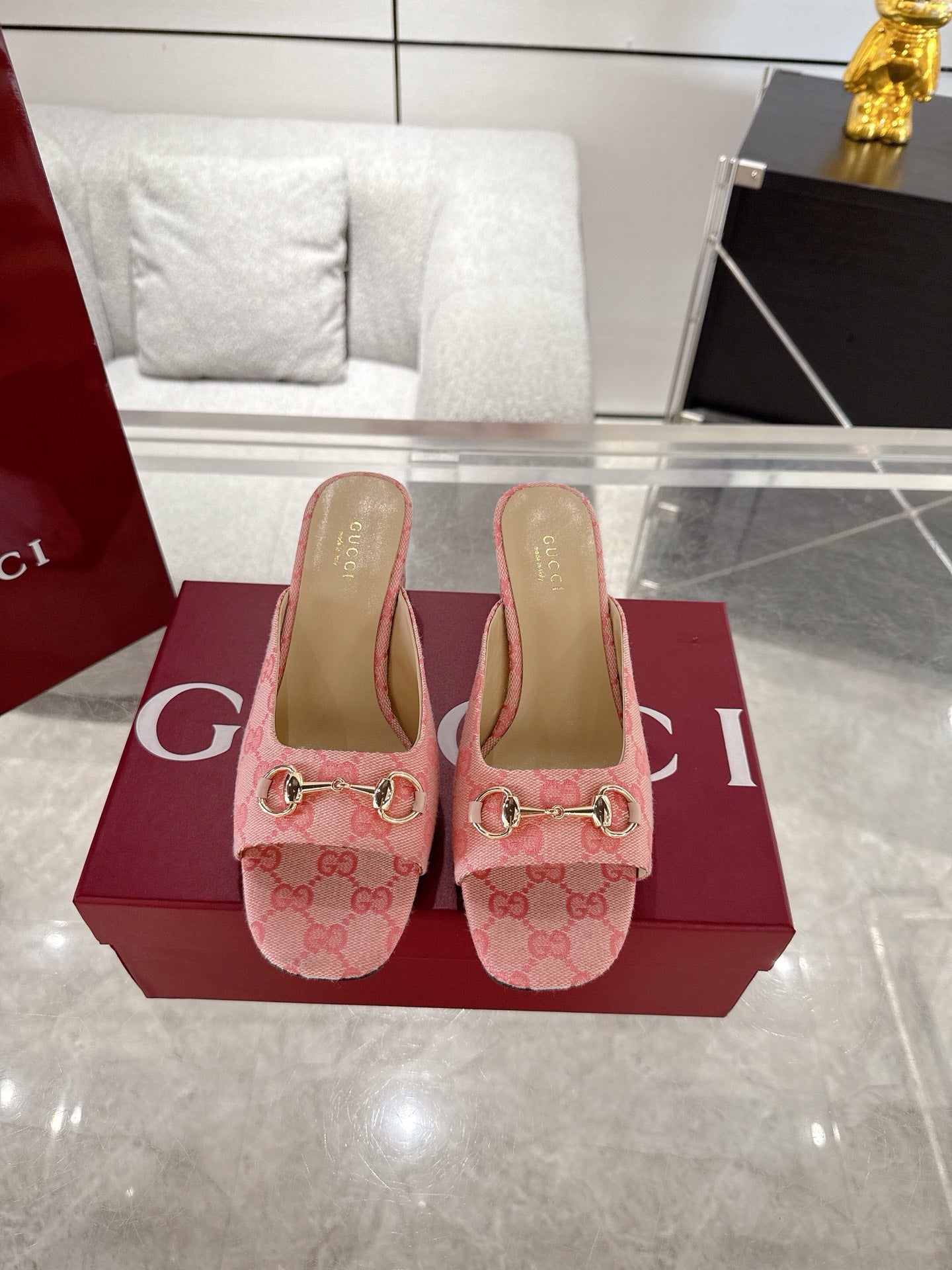 GC Horsebit Slide Pink Canvas Cowhide 292407