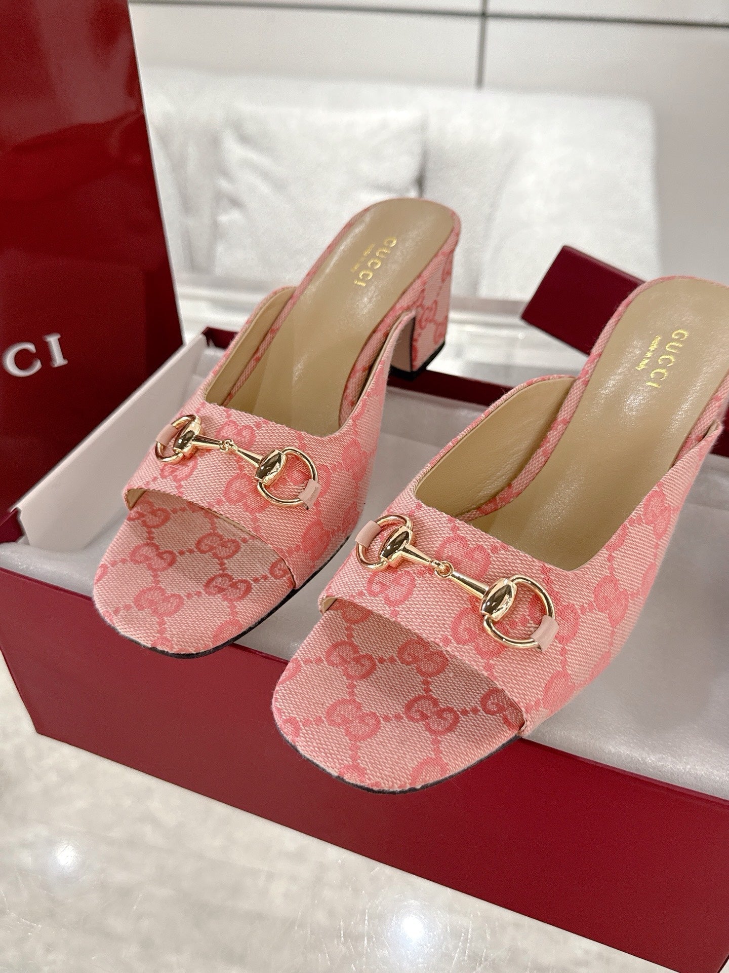 GC Horsebit Slide Pink Canvas Cowhide 292407