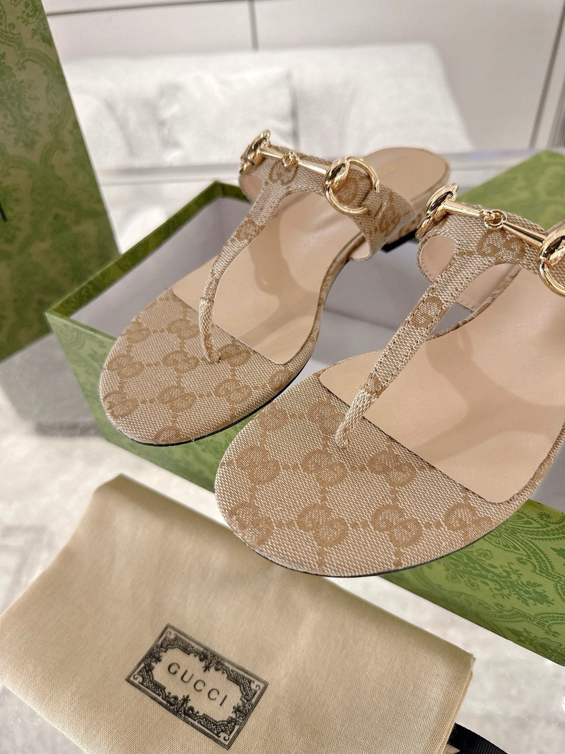 GC Horsebit Thong Sandals Beige Canvas Leather 292475