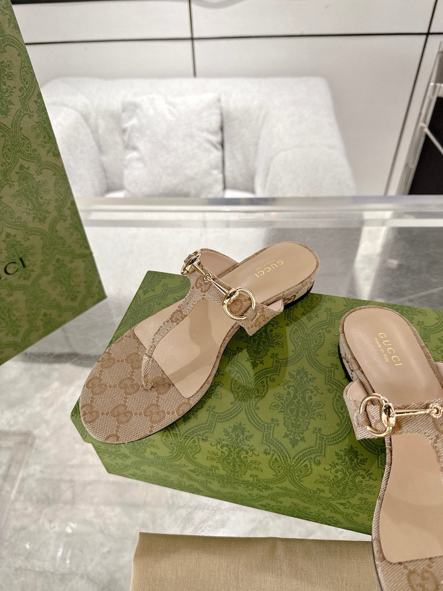 GC Horsebit Thong Sandals Beige Canvas Leather 292475