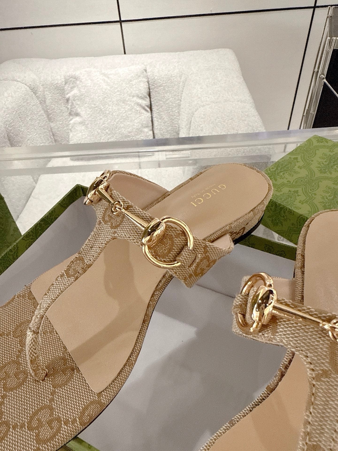 GC Horsebit Thong Sandals Beige Canvas Leather 292475