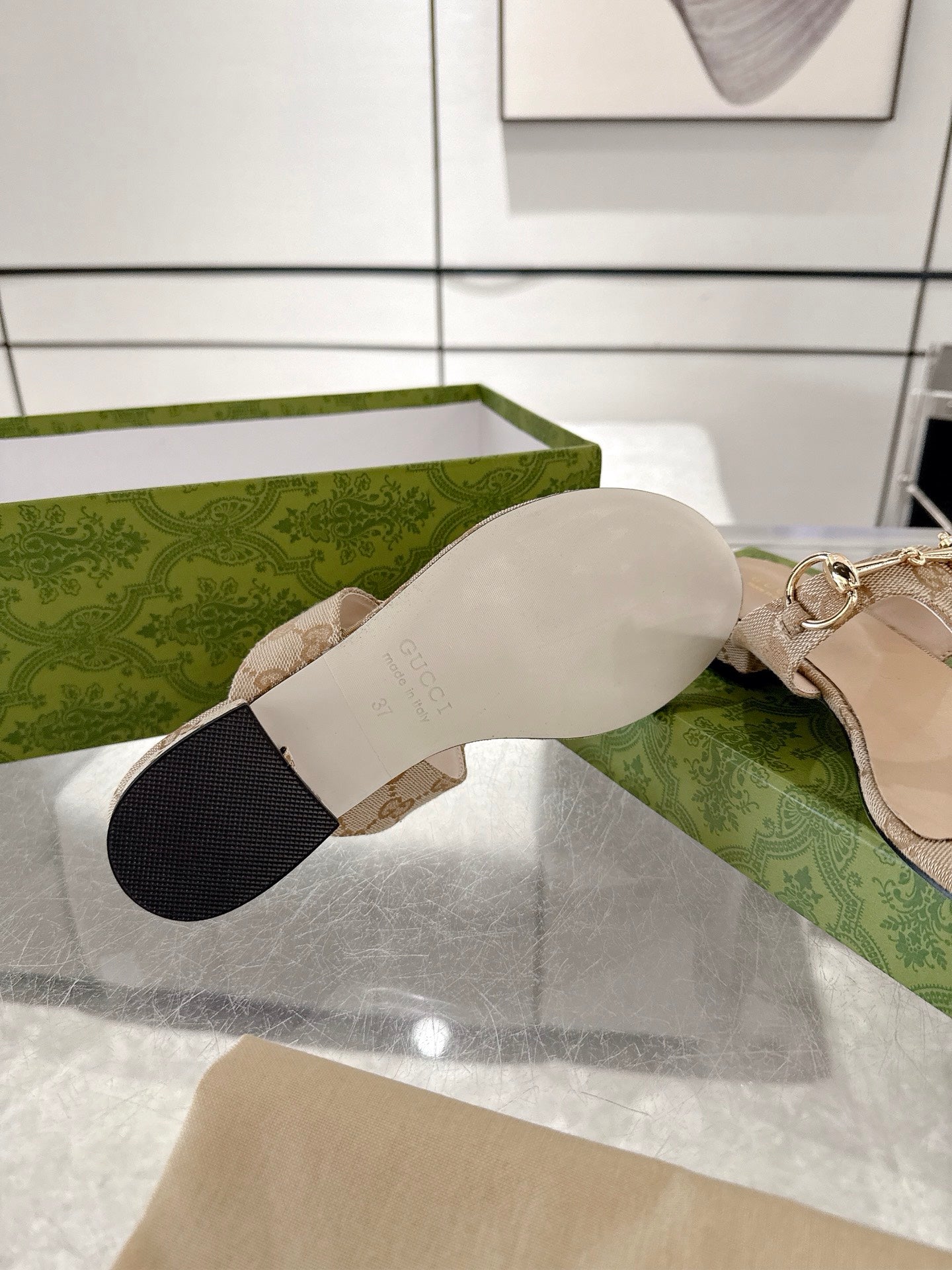 GC Horsebit Thong Sandals Beige Canvas Leather 292475