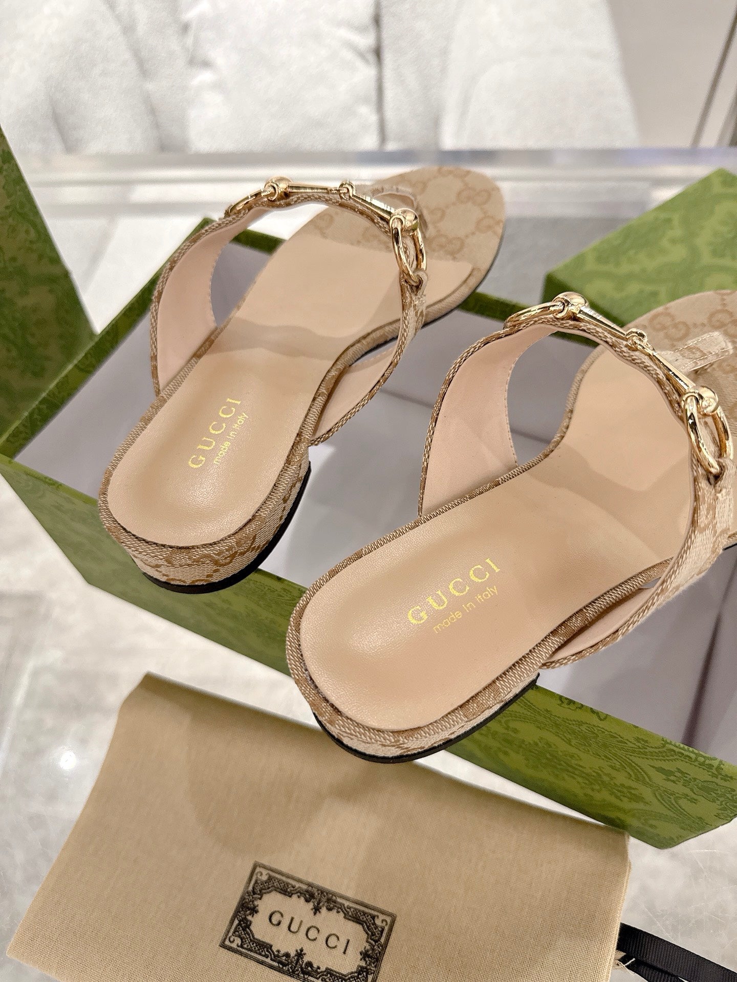 GC Horsebit Thong Sandals Beige Canvas Leather 292475