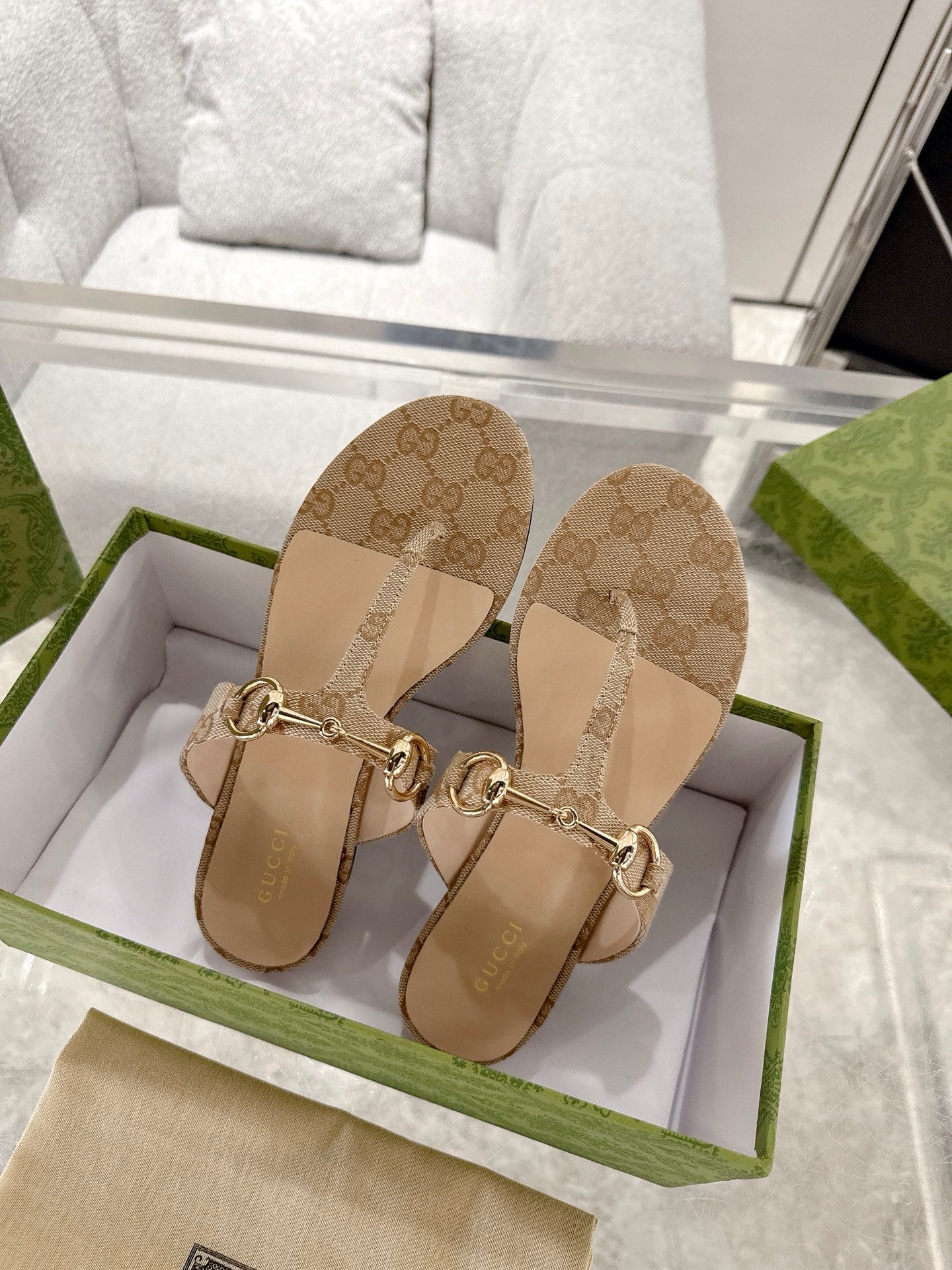 GC Horsebit Thong Sandals Beige Canvas Leather 292475