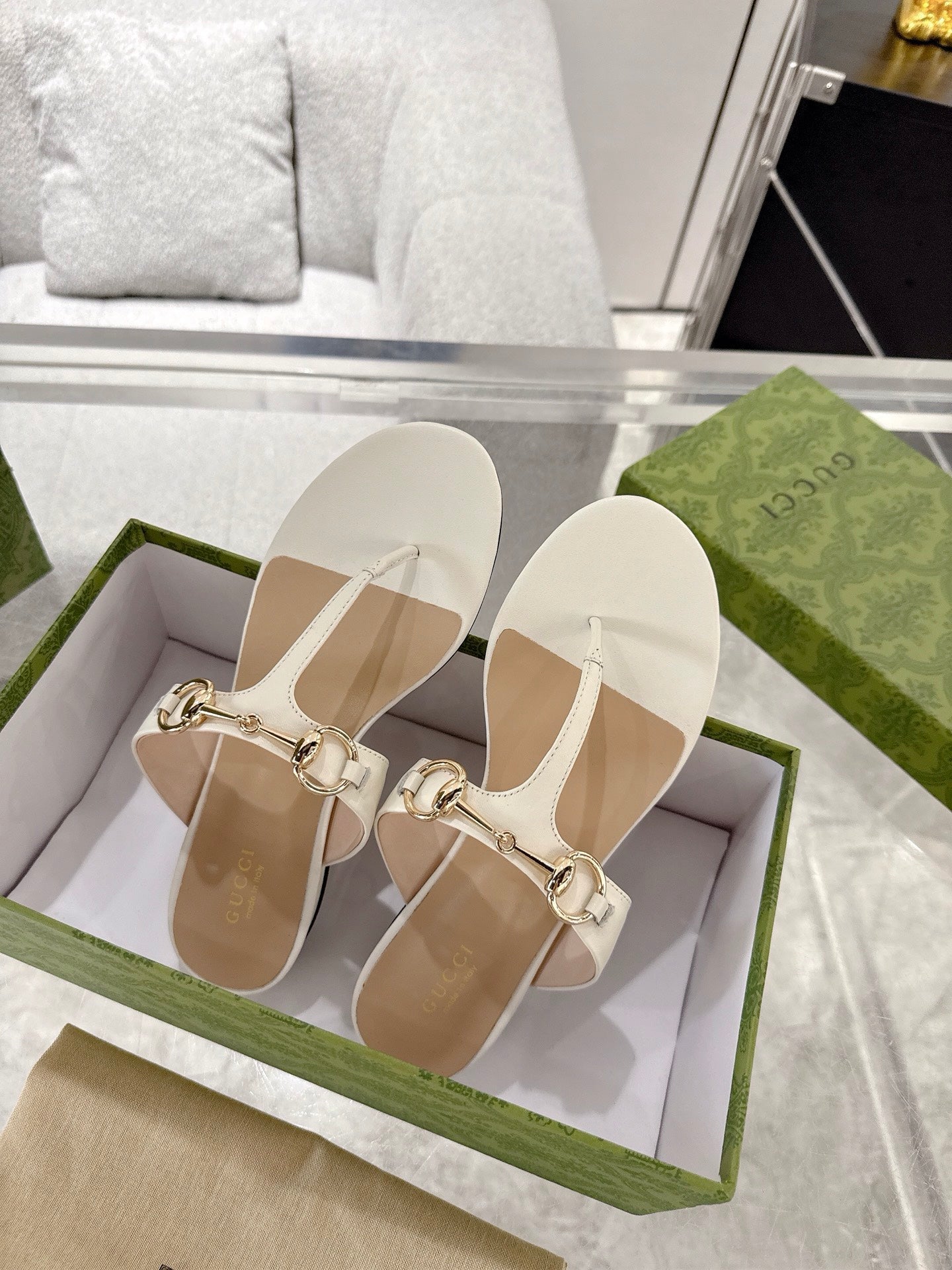 GC Horsebit Thong Sandals Ivory Leather 292476