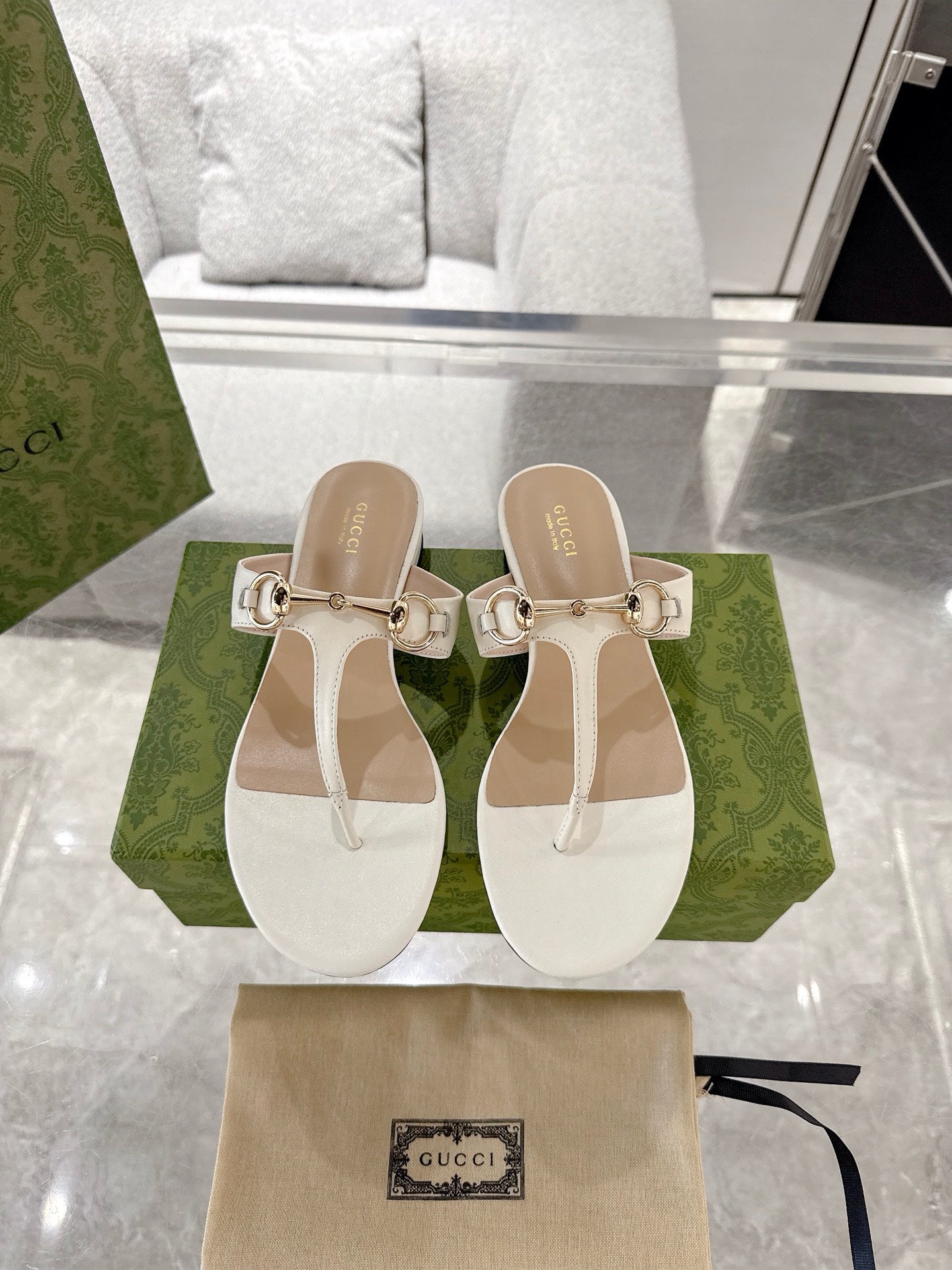 GC Horsebit Thong Sandals Ivory Leather 292476