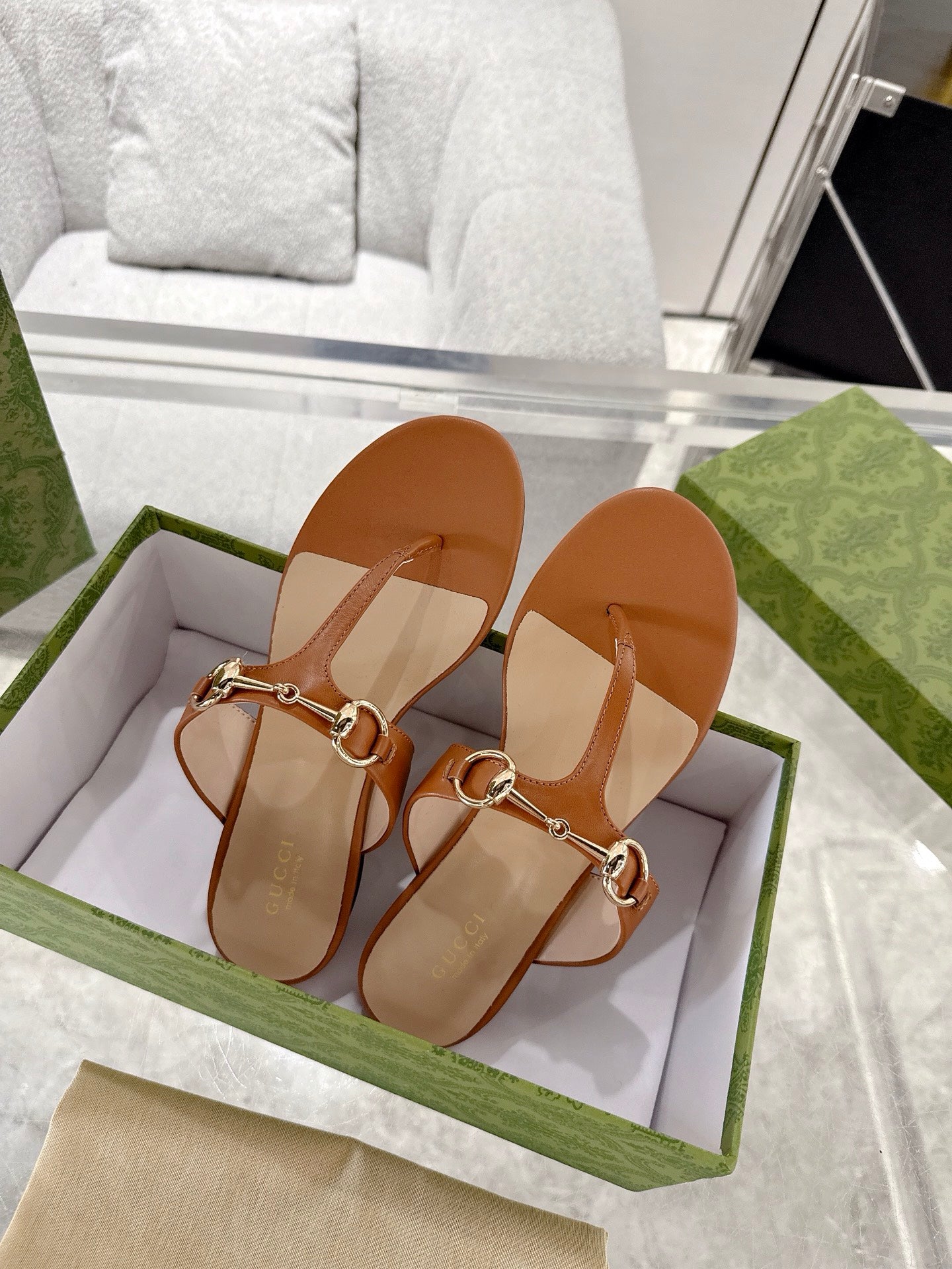 GC Horsebit Thong Sandals Brown Leather 292478