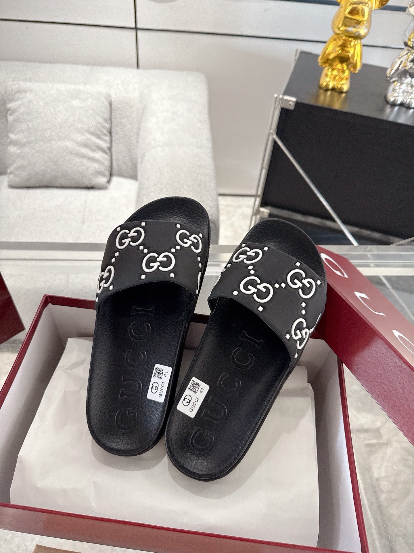 GC GG Slide Sandal Black White Rubber 292417