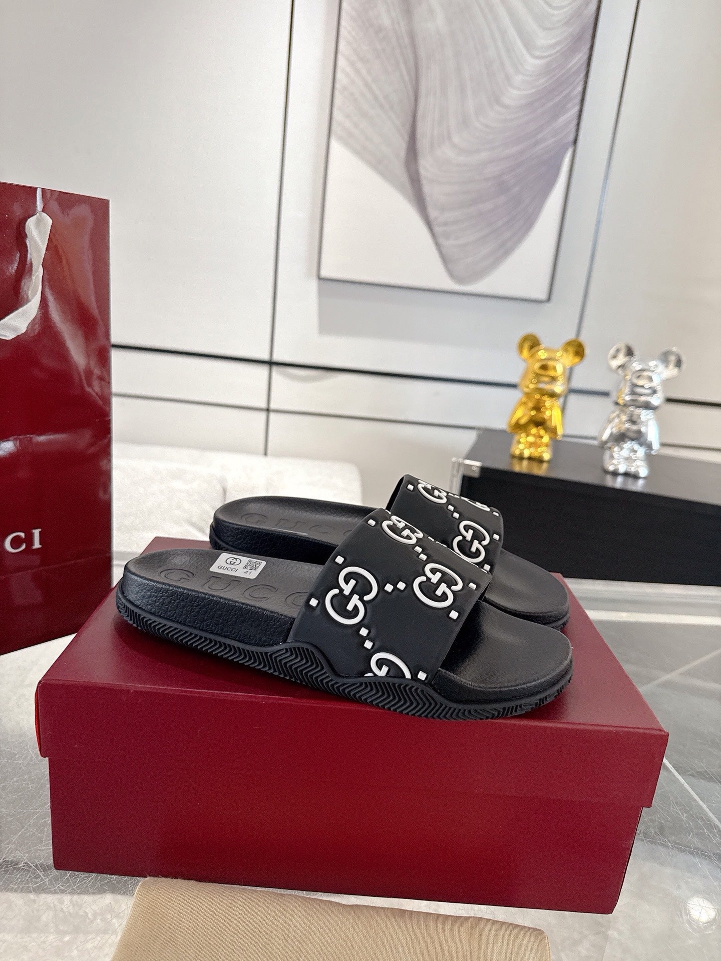 GC GG Slide Sandal Black White Rubber 292417