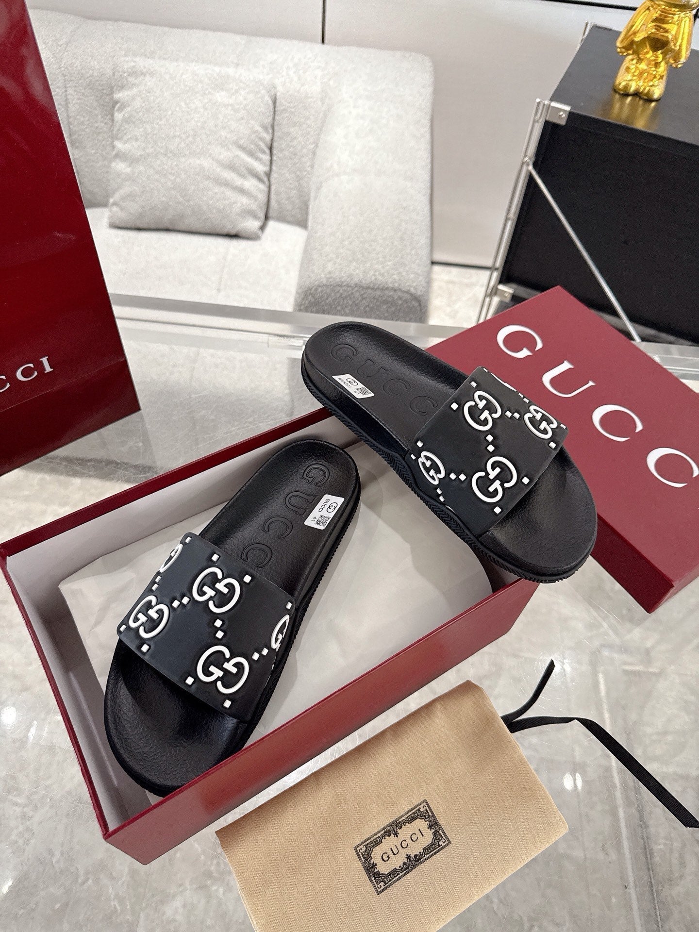 GC GG Slide Sandal Black White Rubber 292417