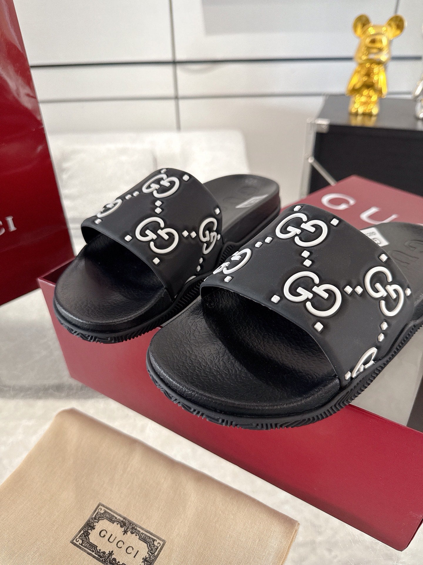 GC GG Slide Sandal Black White Rubber 292417