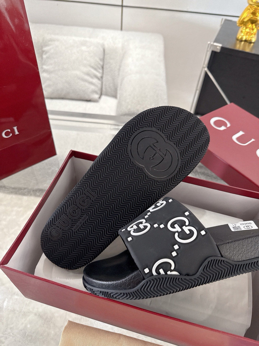 GC GG Slide Sandal Black White Rubber 292417