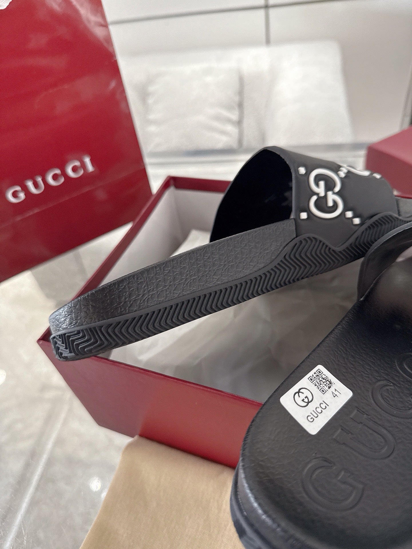 GC GG Slide Sandal Black White Rubber 292417