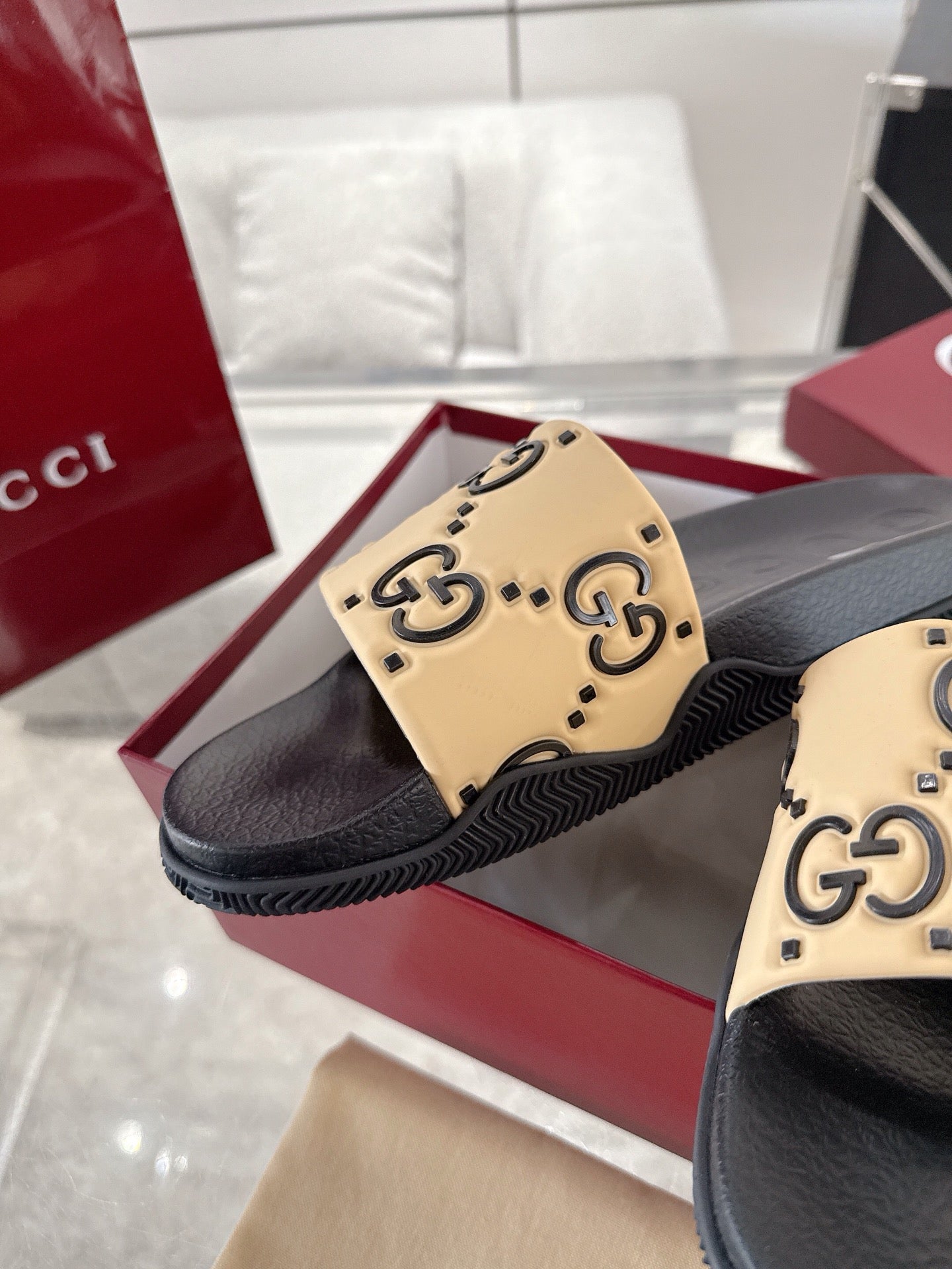 GC GG Slide Sandal Black Beige Rubber 292418