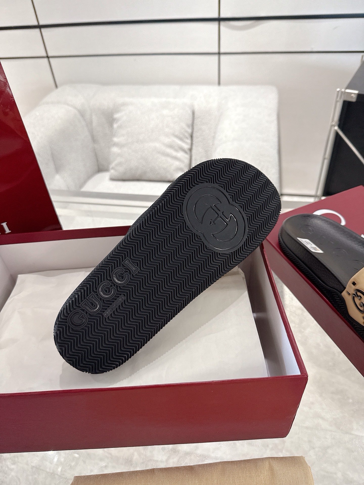 GC GG Slide Sandal Black Beige Rubber 292418