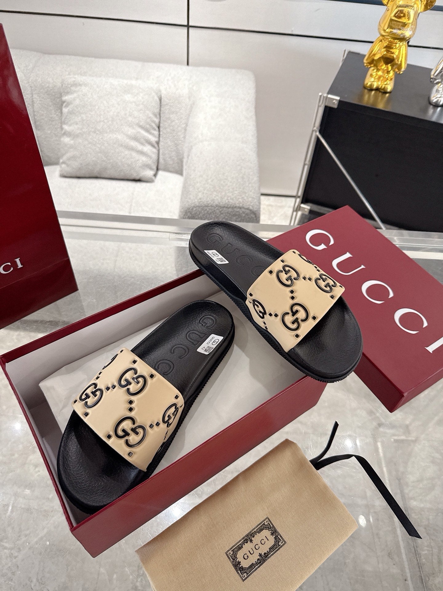 GC GG Slide Sandal Black Beige Rubber 292418