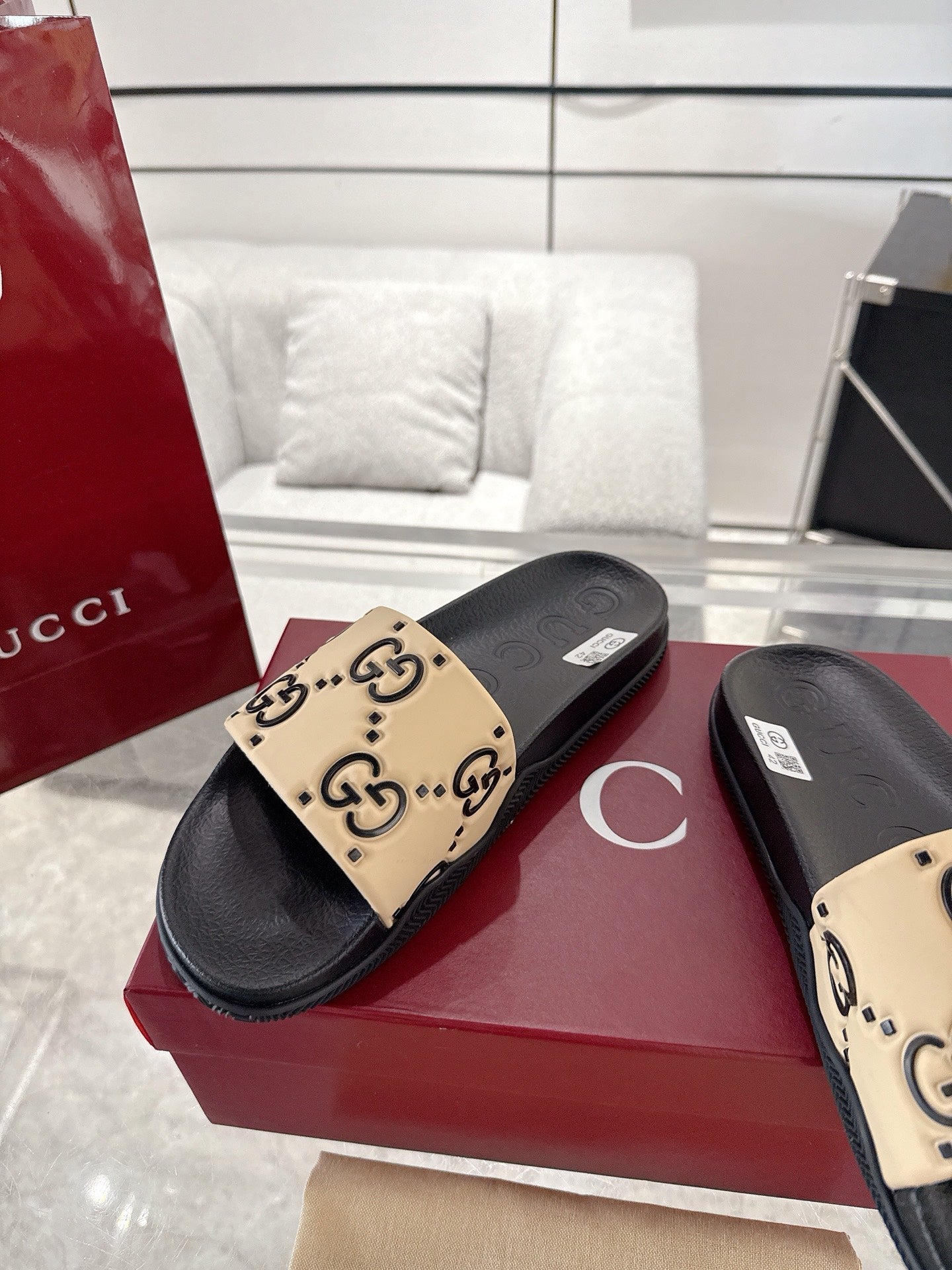 GC GG Slide Sandal Black Beige Rubber 292418