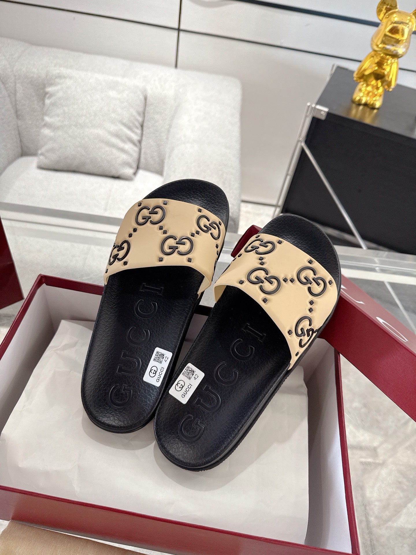 GC GG Slide Sandal Black Beige Rubber 292418