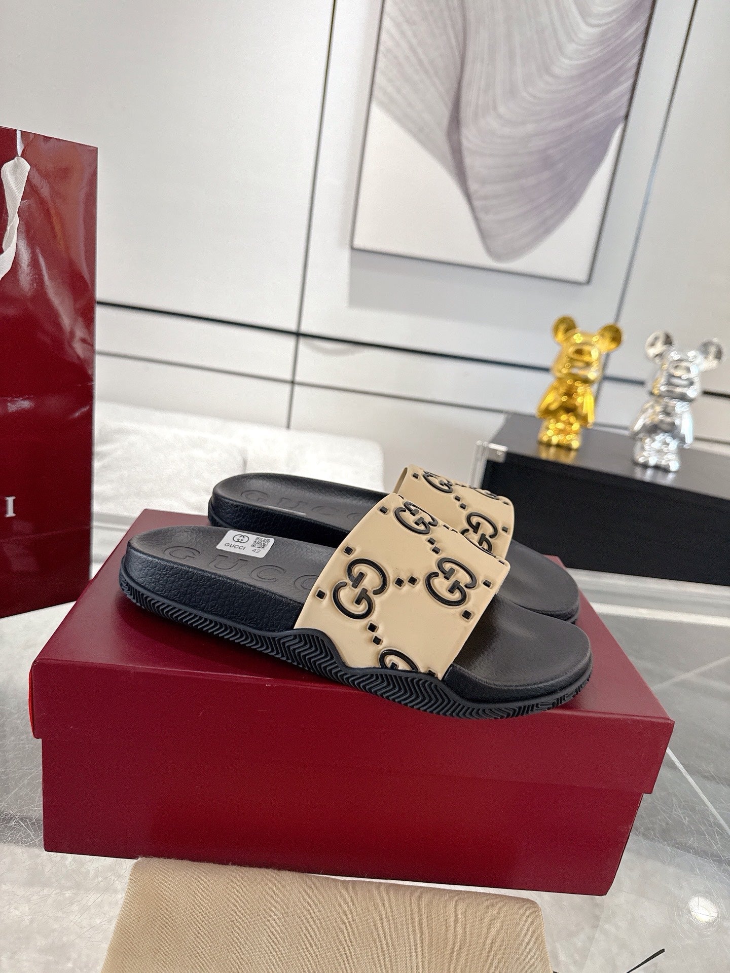 GC GG Slide Sandal Black Beige Rubber 292418