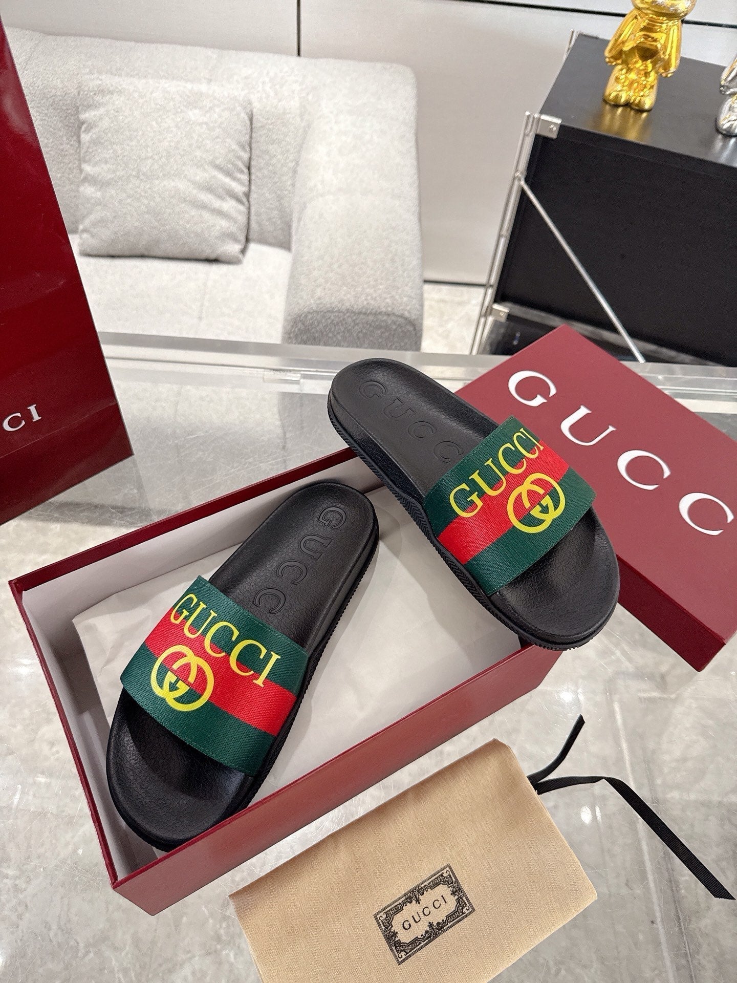 GC GG Slide Sandal Black Green Red Rubebr 292419