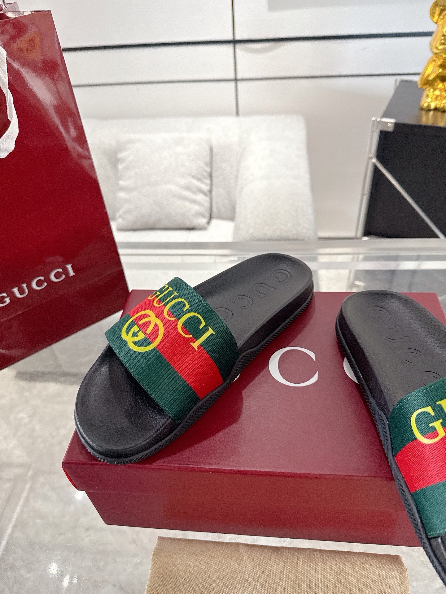 GC GG Slide Sandal Black Green Red Rubebr 292419