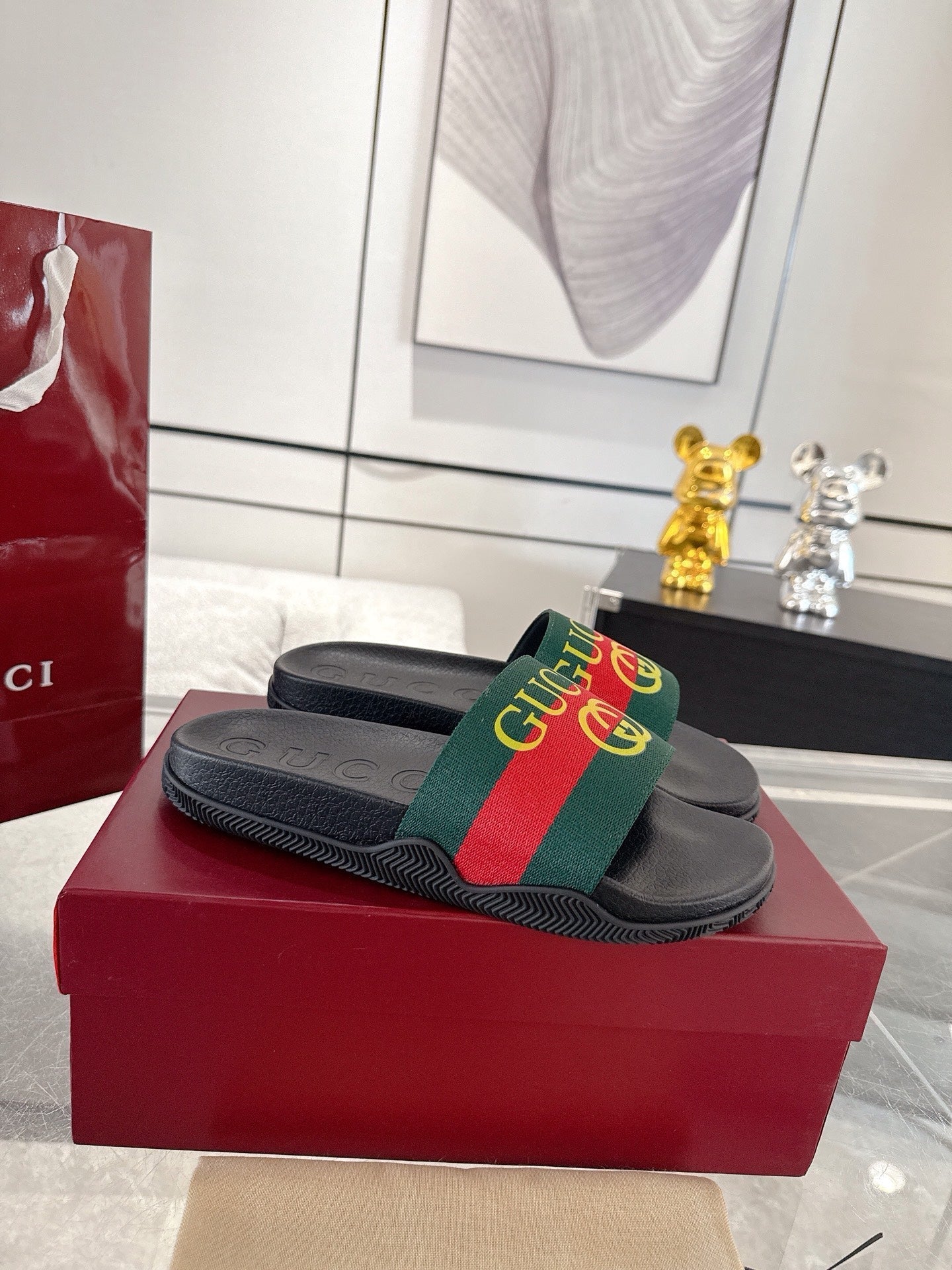 GC GG Slide Sandal Black Green Red Rubebr 292419