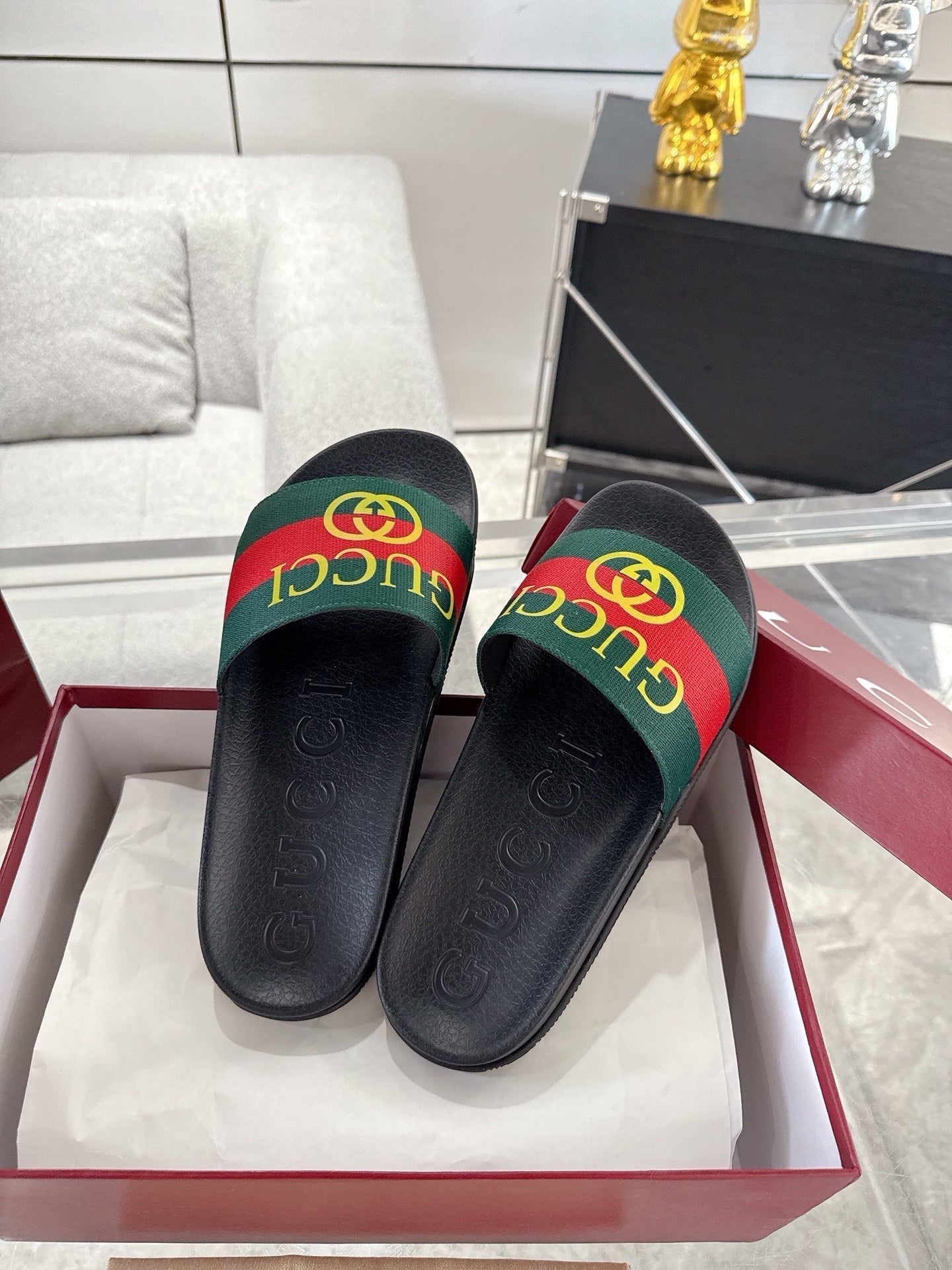 GC GG Slide Sandal Black Green Red Rubebr 292419