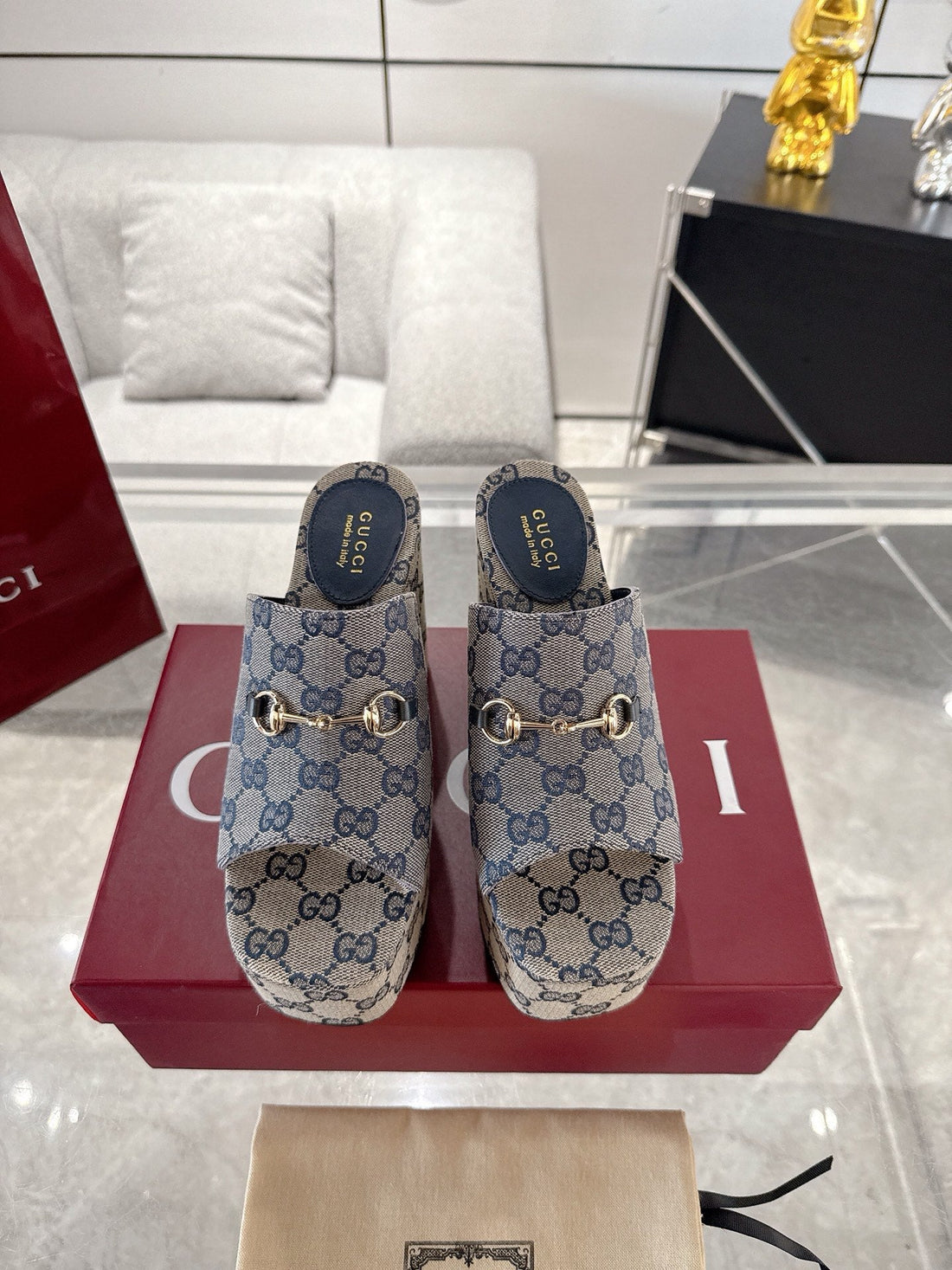 GC Wedge With Horsebit Sandal Gray Blue Canvas 292420