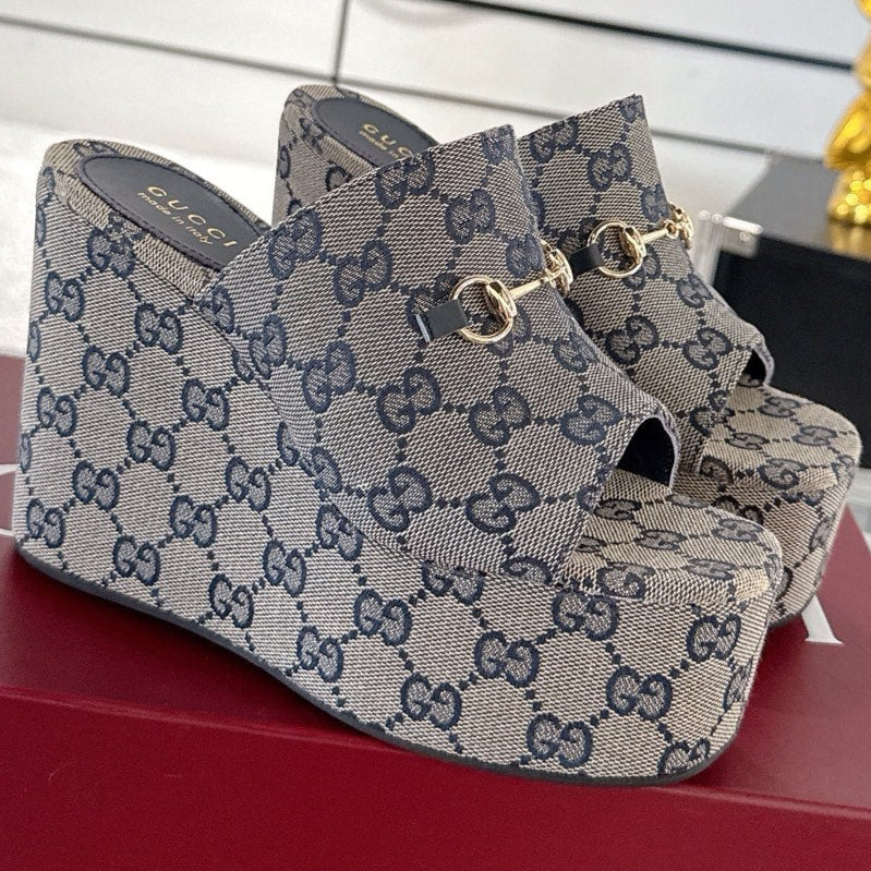 GC Wedge With Horsebit Sandal Gray Blue Canvas 292420