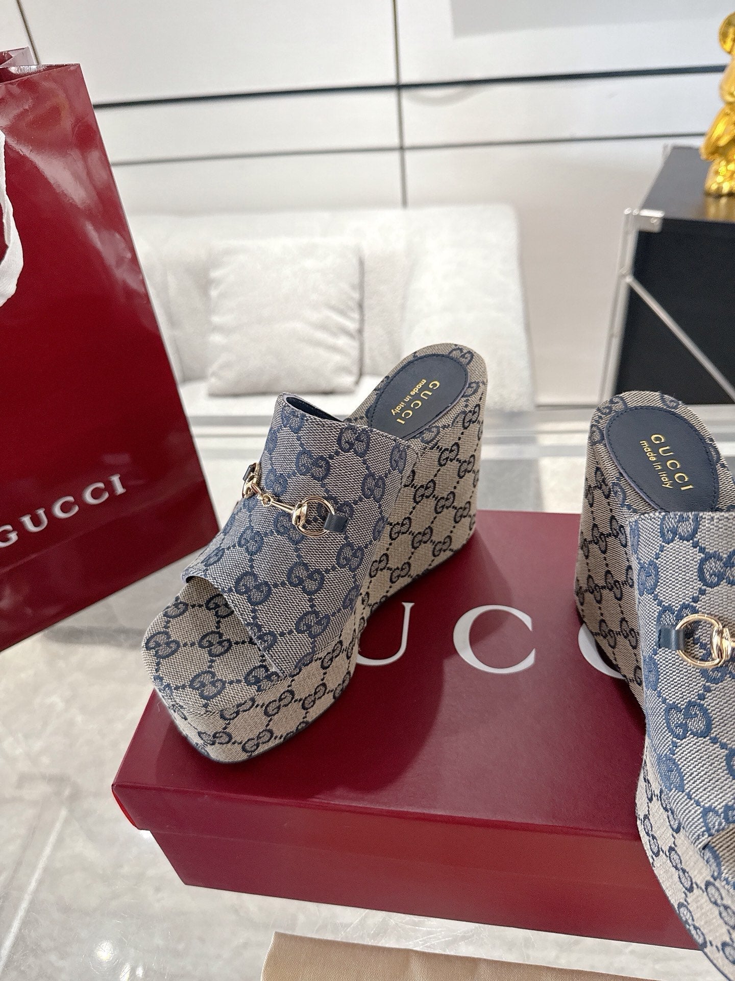 GC Wedge With Horsebit Sandal Gray Blue Canvas 292420