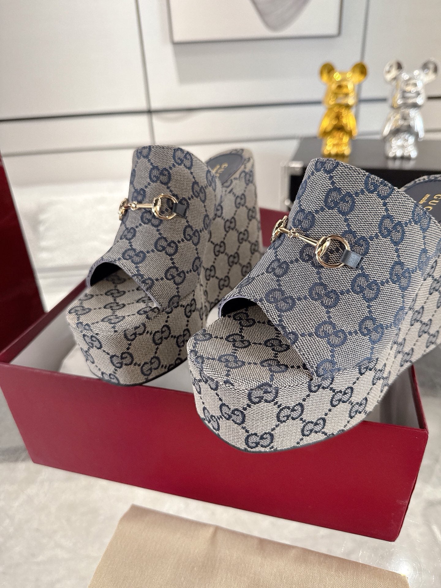 GC Wedge With Horsebit Sandal Gray Blue Canvas 292420