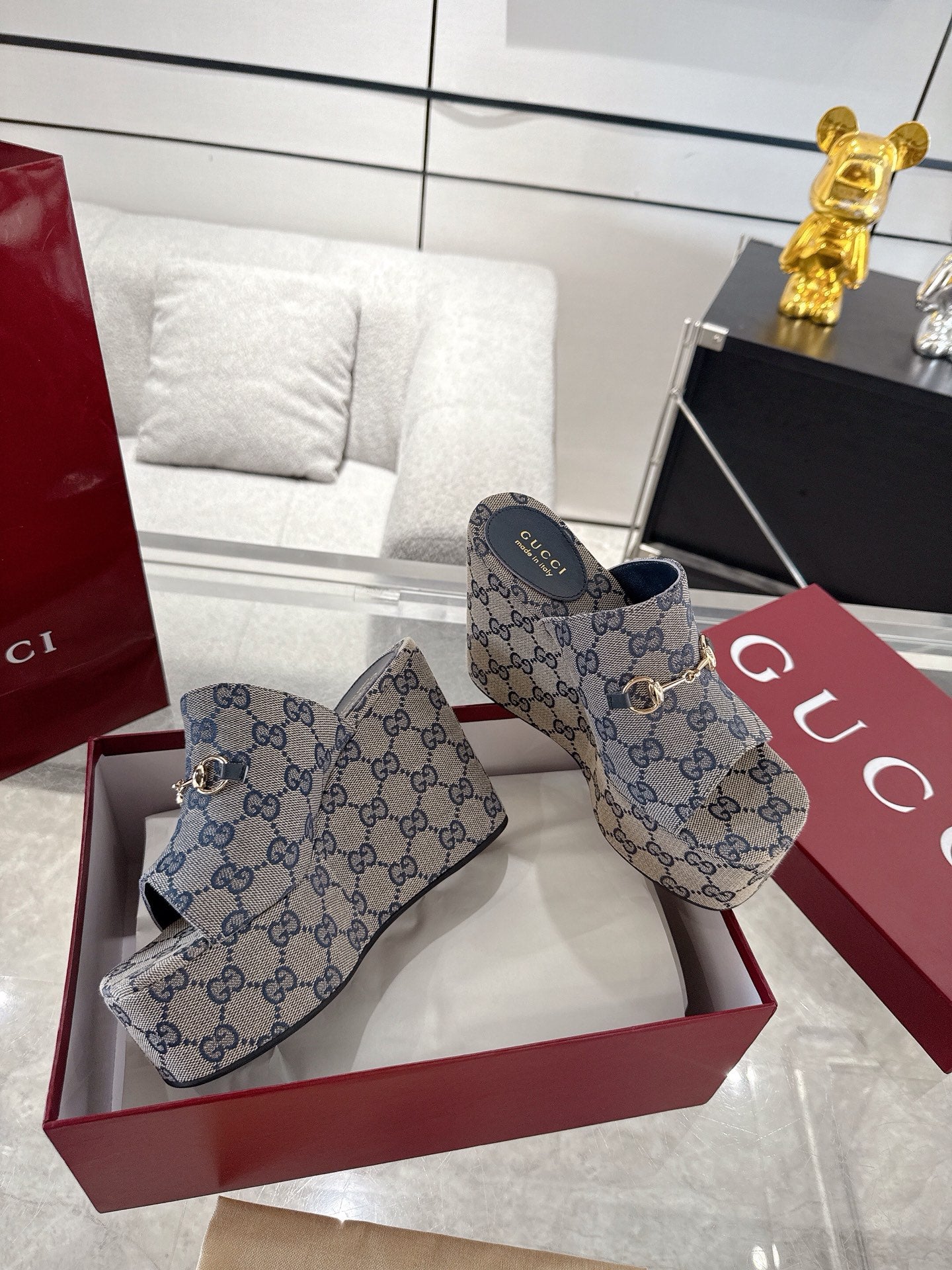 GC Wedge With Horsebit Sandal Gray Blue Canvas 292420